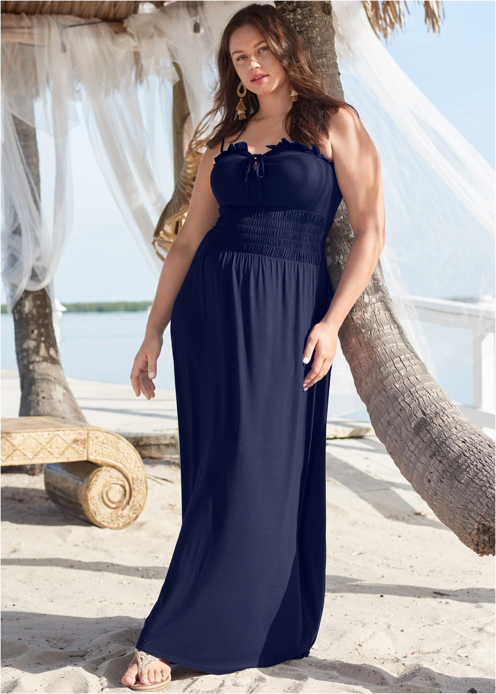 Smocked lace-up dress - Navy
