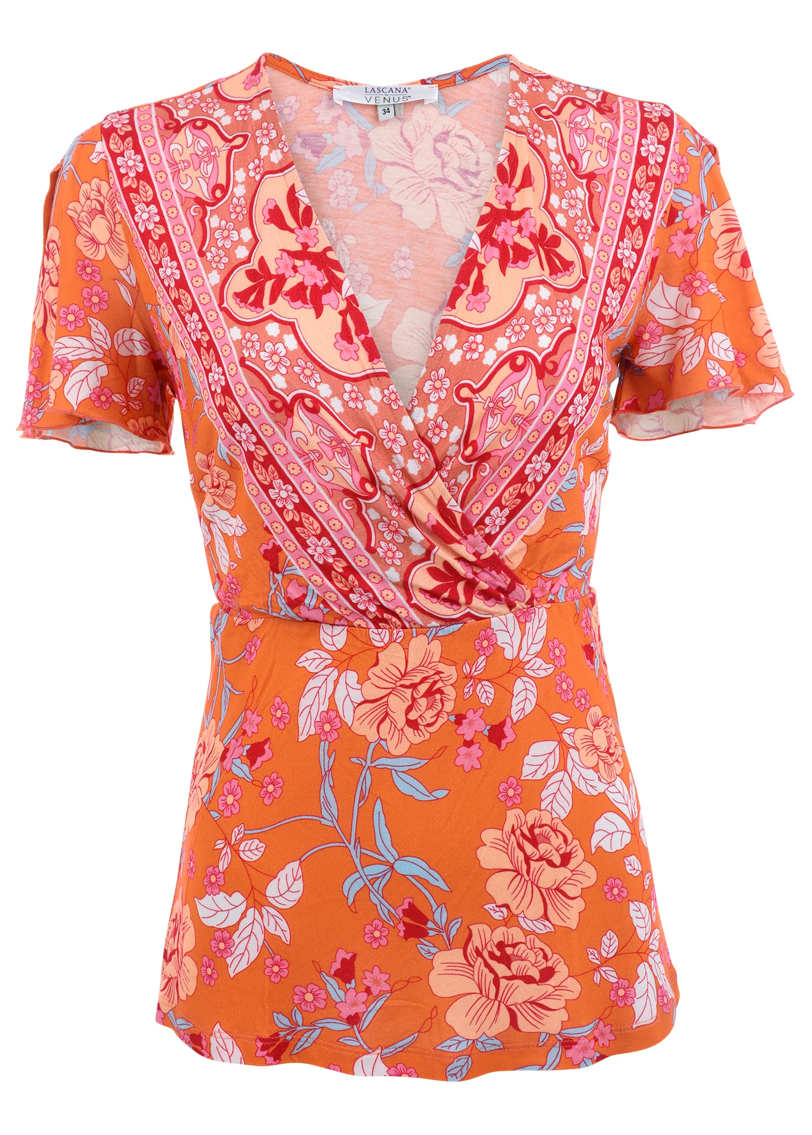 Flutter Sleeve Wrap Top - Orange Multi