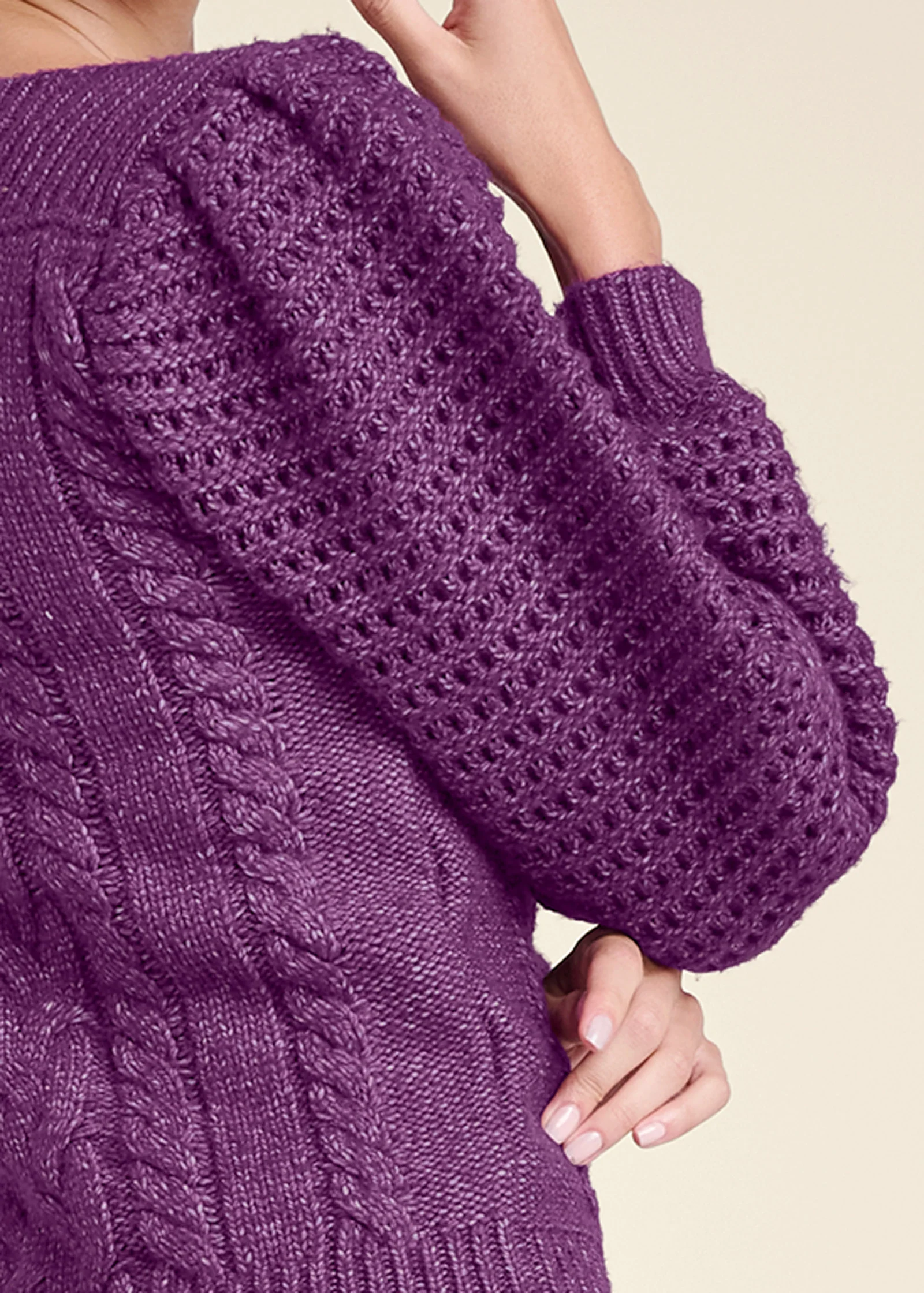 Cable knit bubble sleeve sweater - Purple