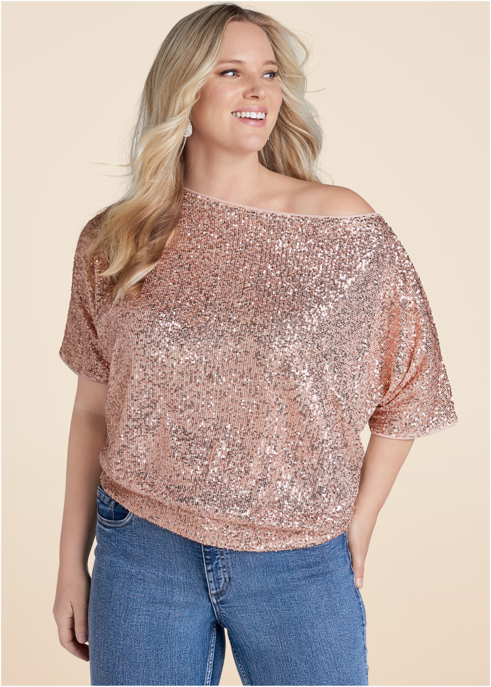 Off-shoulder sequin top - Rose Gold