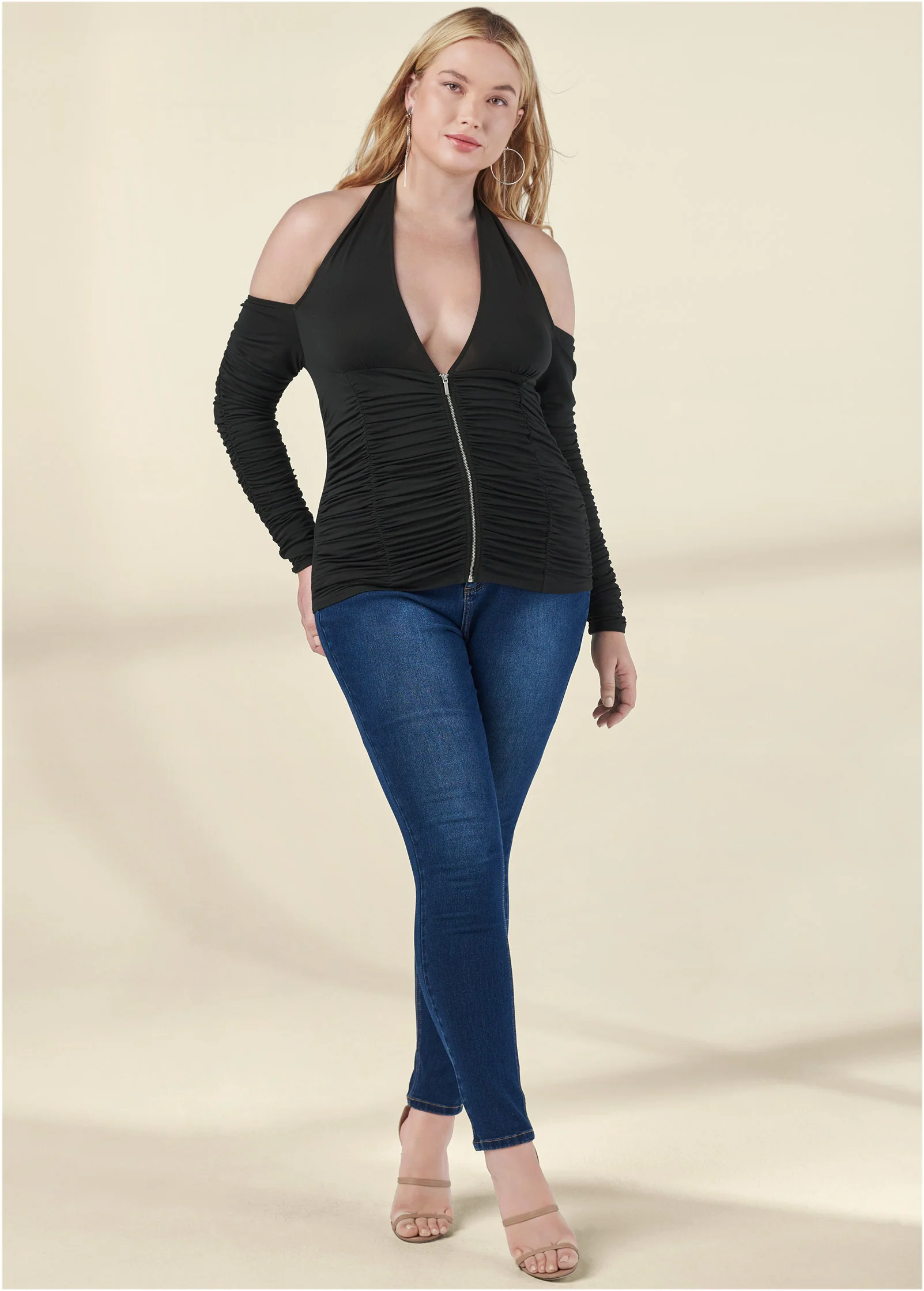 Zip-up ruched V-neck top - Black