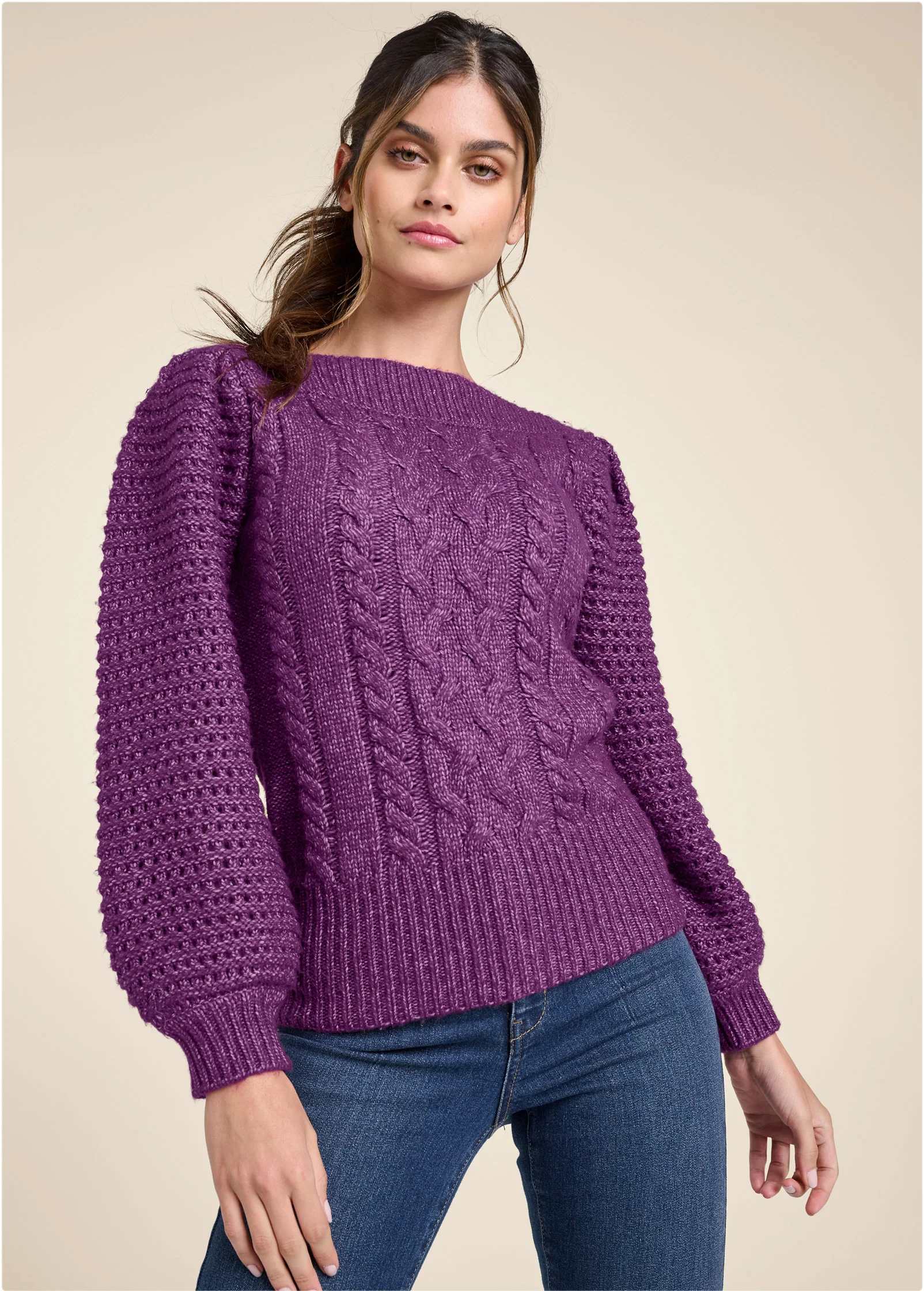 Cable knit bubble sleeve sweater - Purple