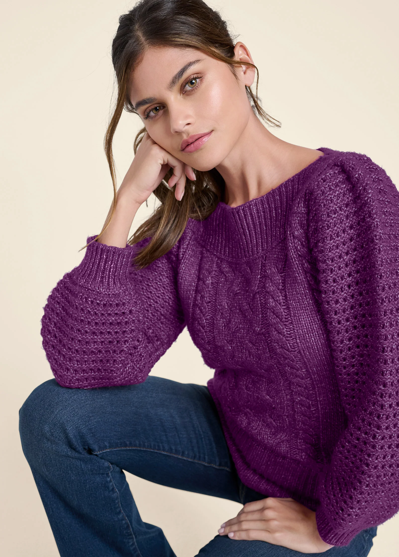 Cable knit bubble sleeve sweater - Purple