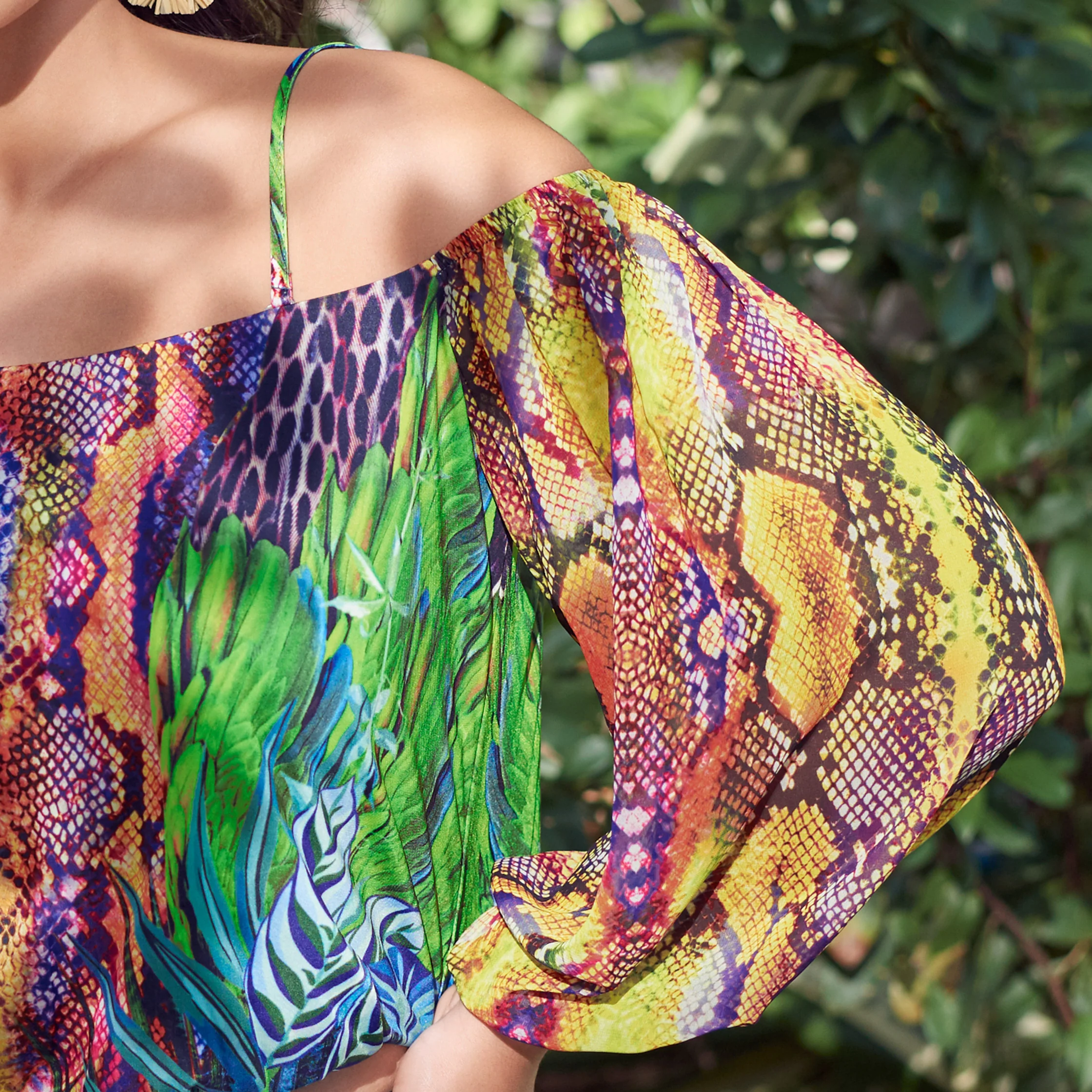 Printed cold-shoulder top - Teal Multi