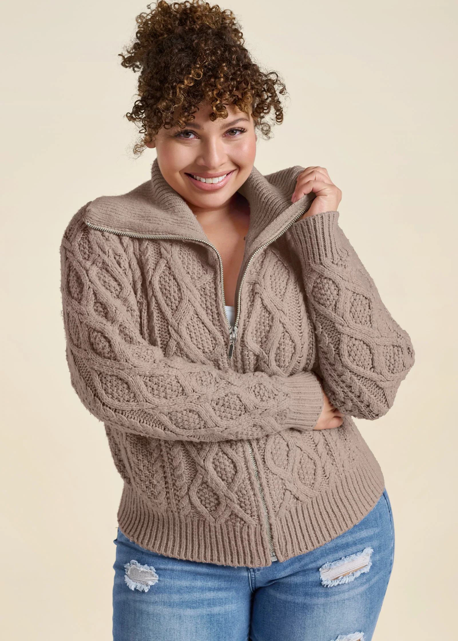 Knit zip sweater - Taupe