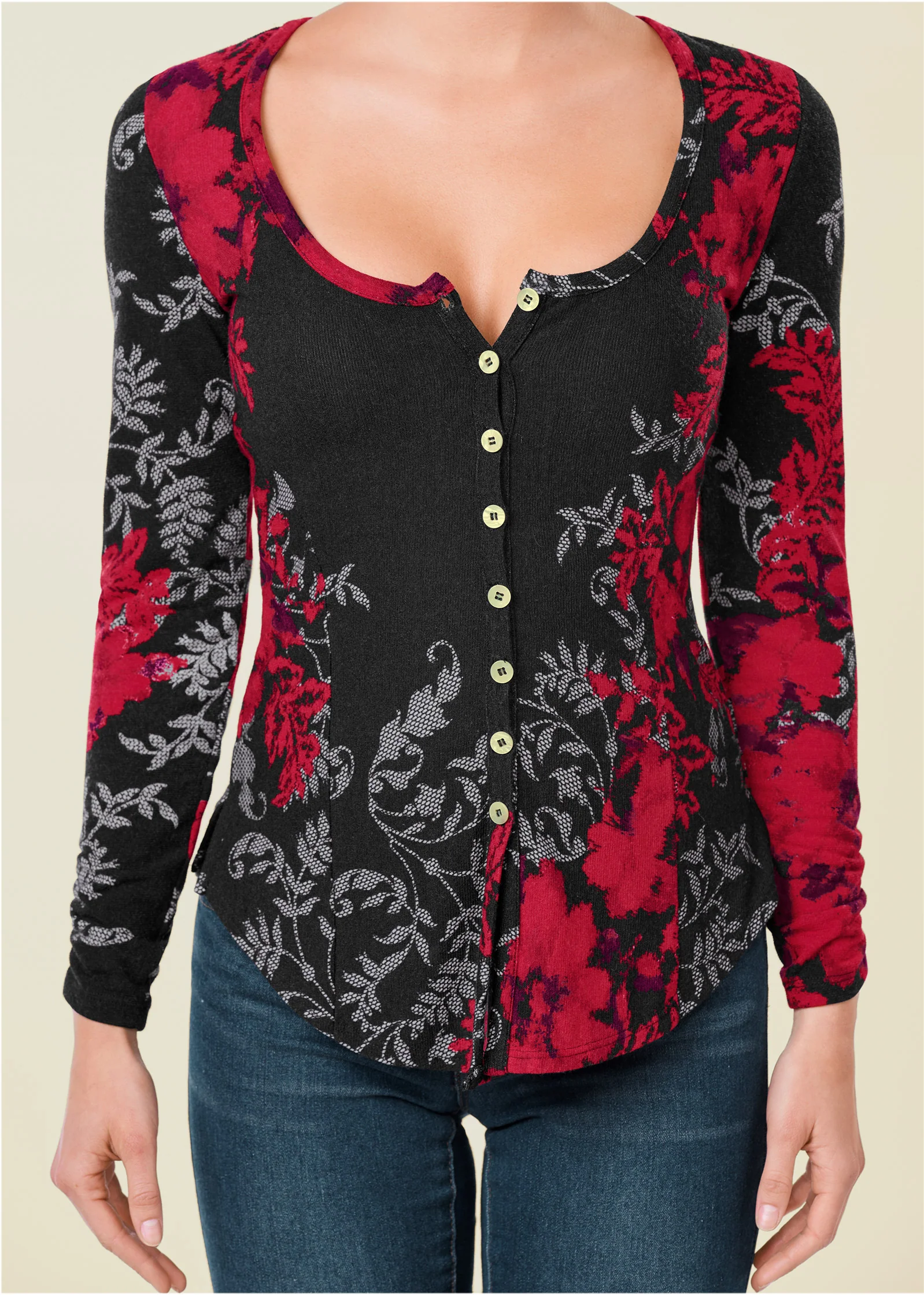 Floral print button down - Red Multi