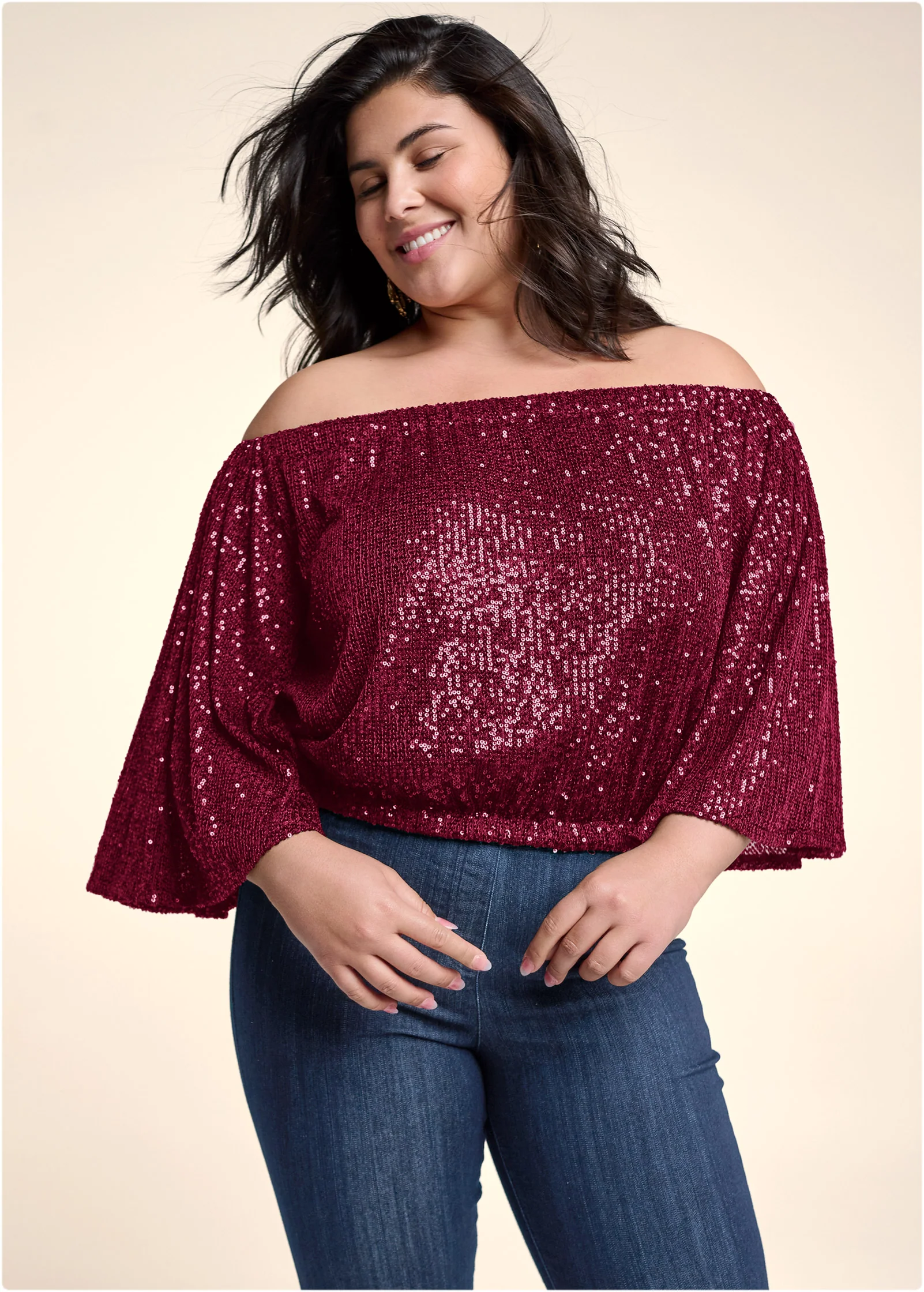 Off-the-shoulder sequin top - Wine