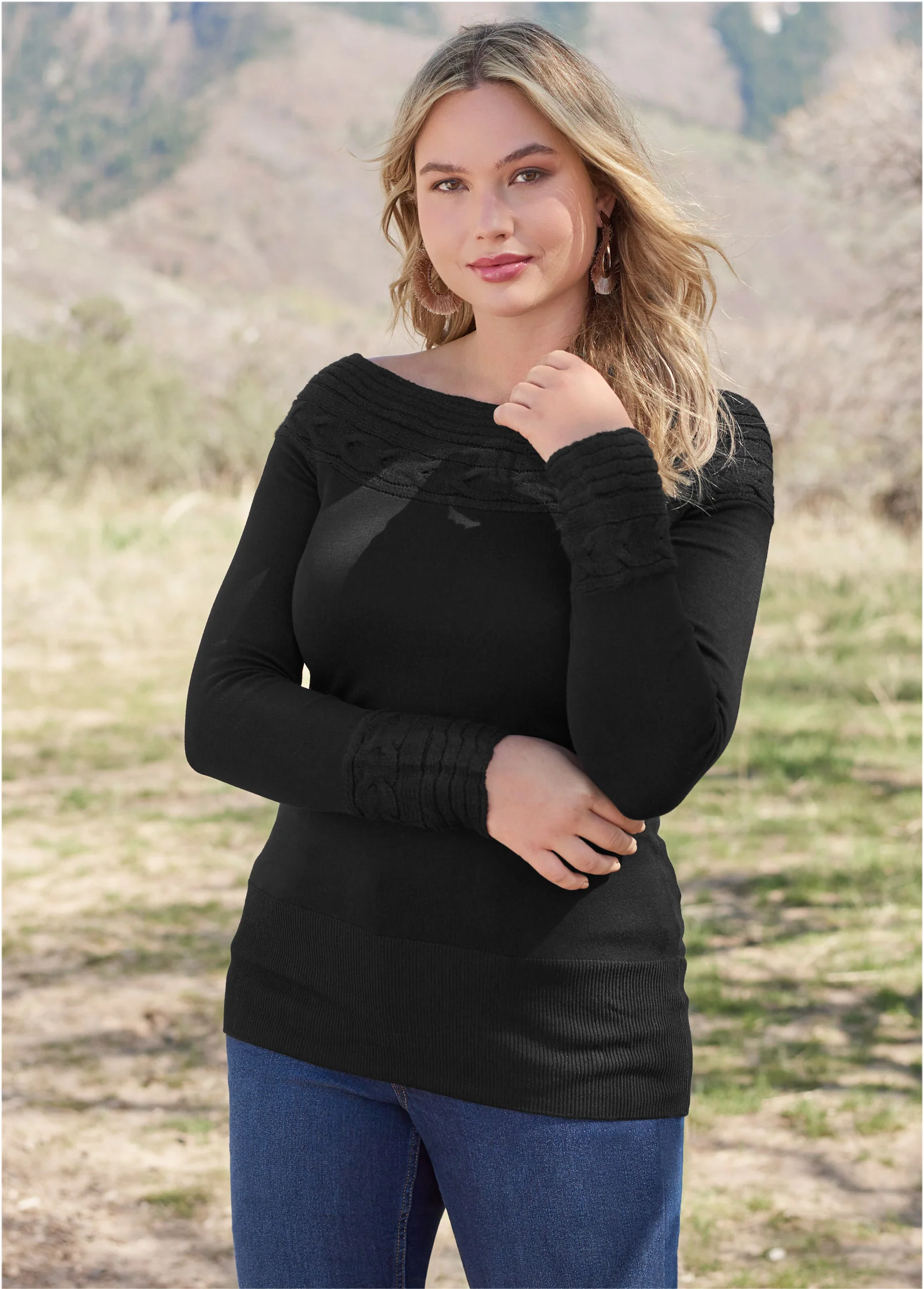 Cable detail tunic sweater - Black