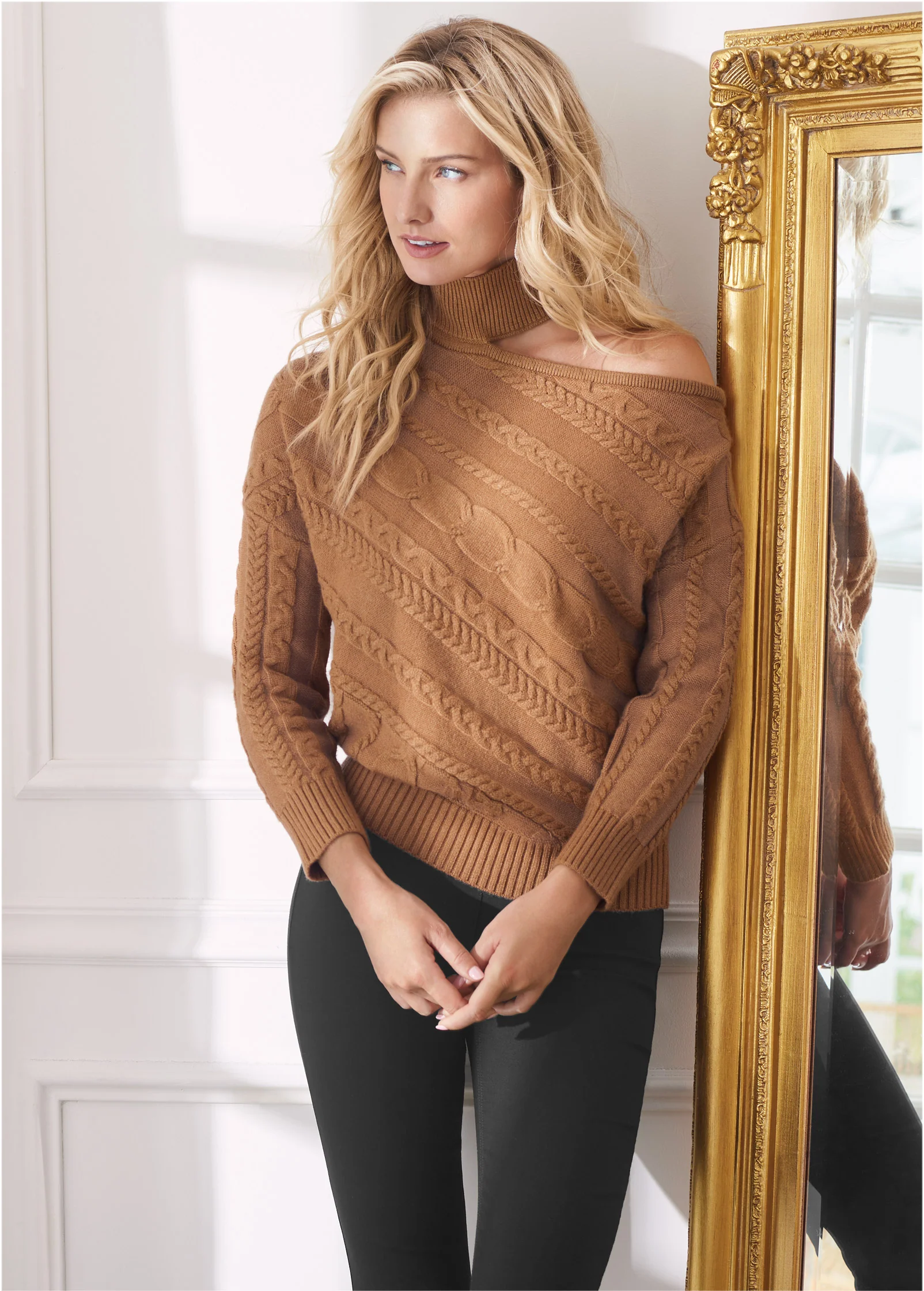 One-shoulder turtleneck sweater - Brown