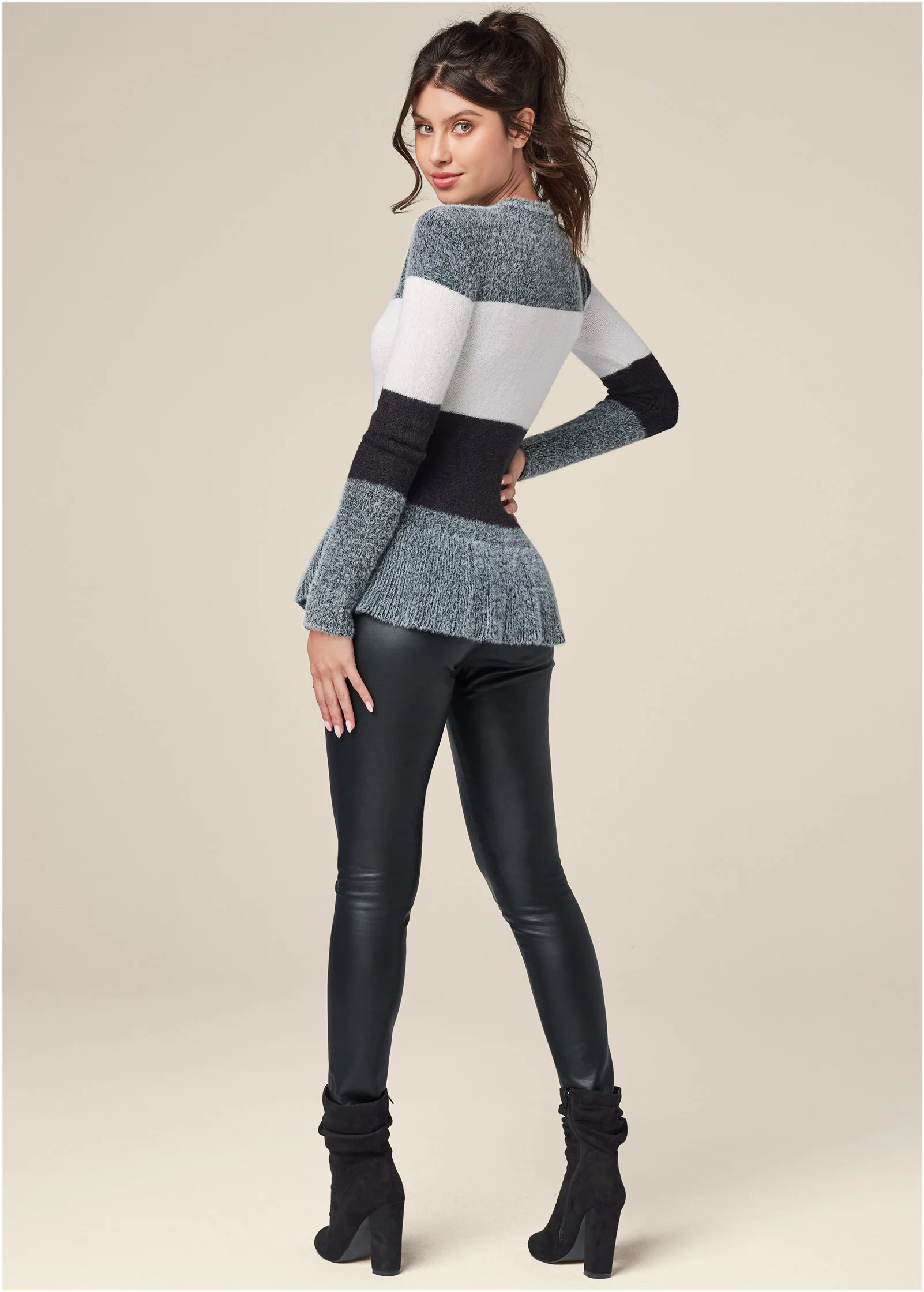 Zip front cozy peplum cardigan - Black Multi