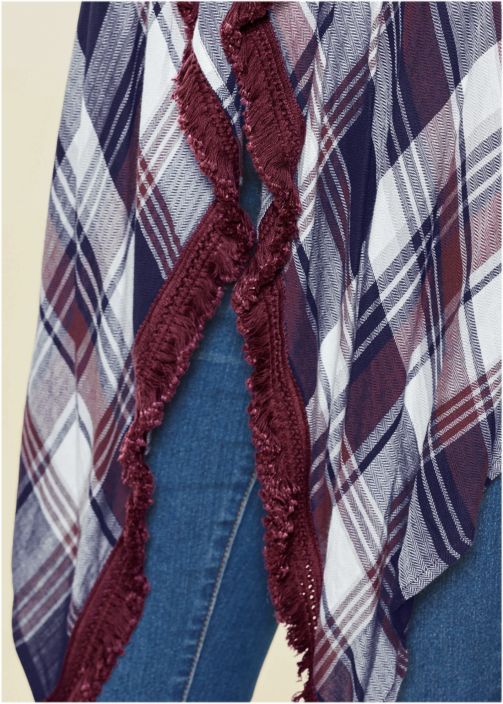 Plaid and fringe cardigan - Navy Multi