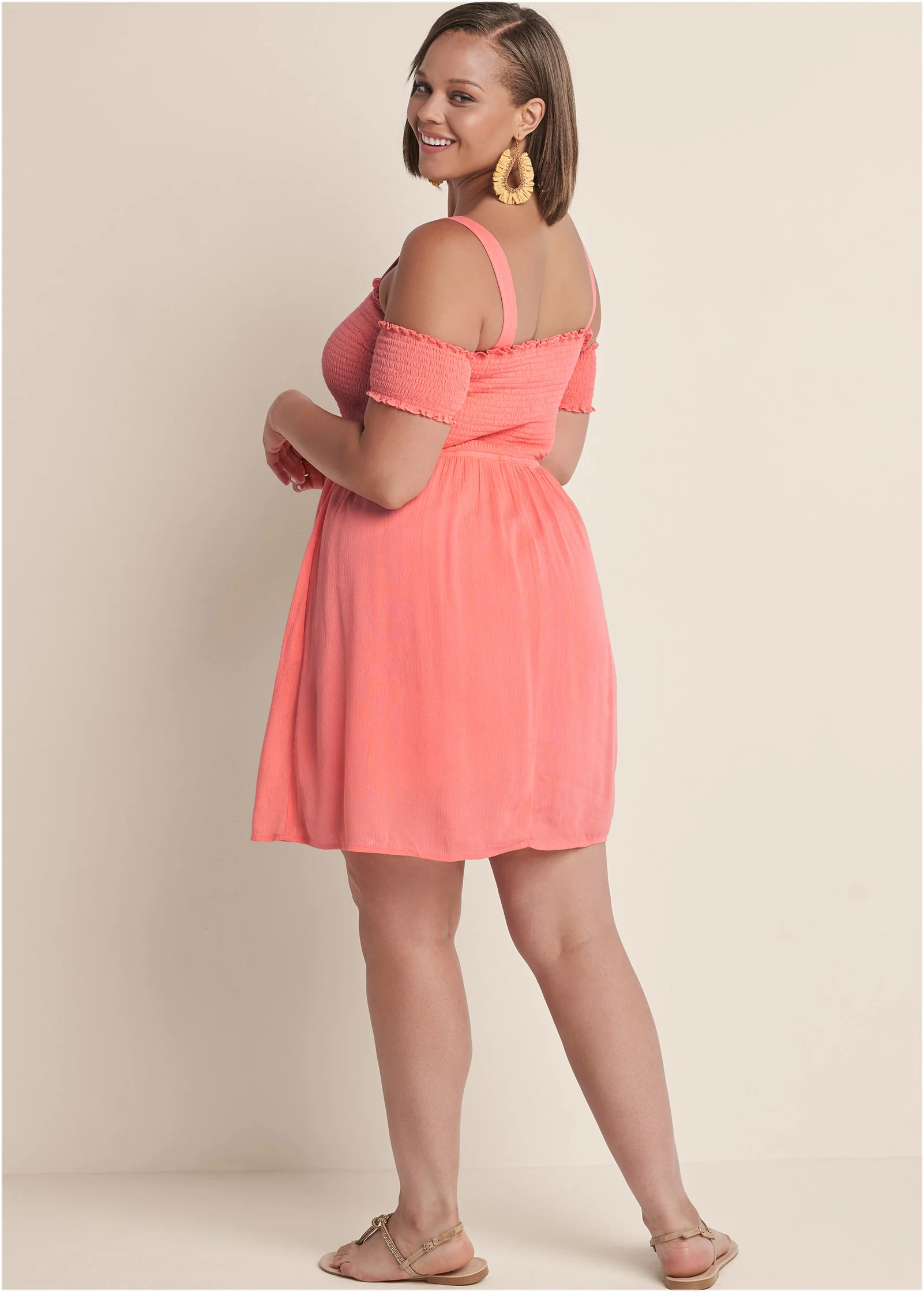Smocked A-line mini dress - Coral