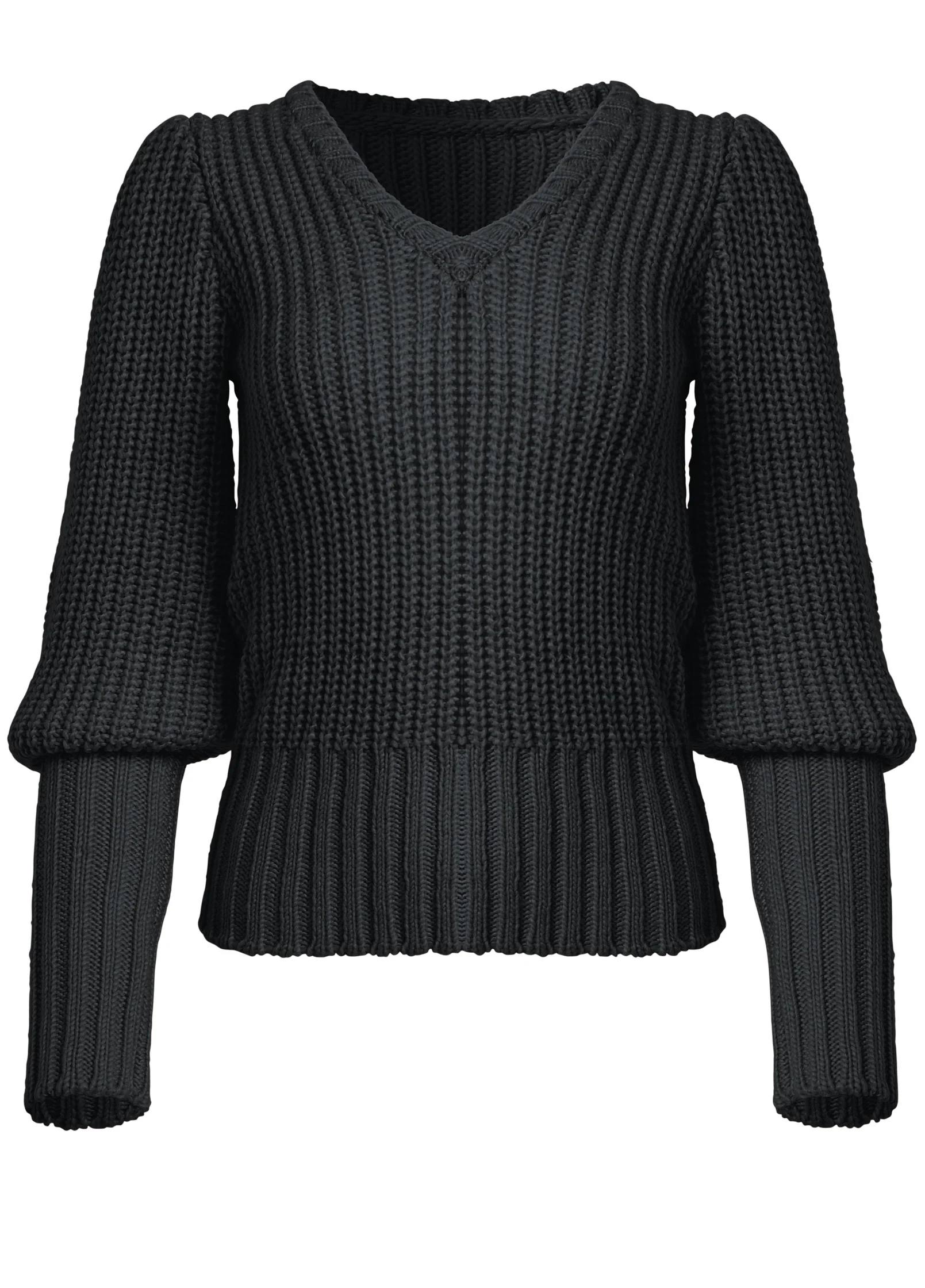 Puff sleeve ribbed v neck sweater - Black
