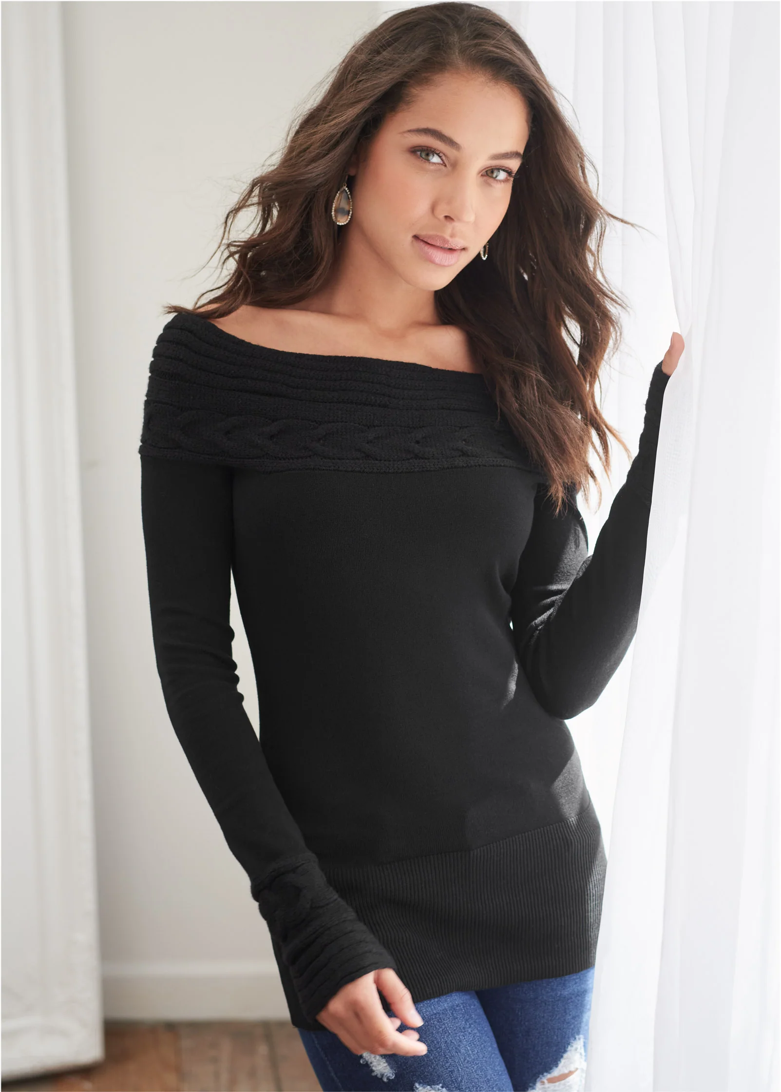Cable detail tunic sweater - Black