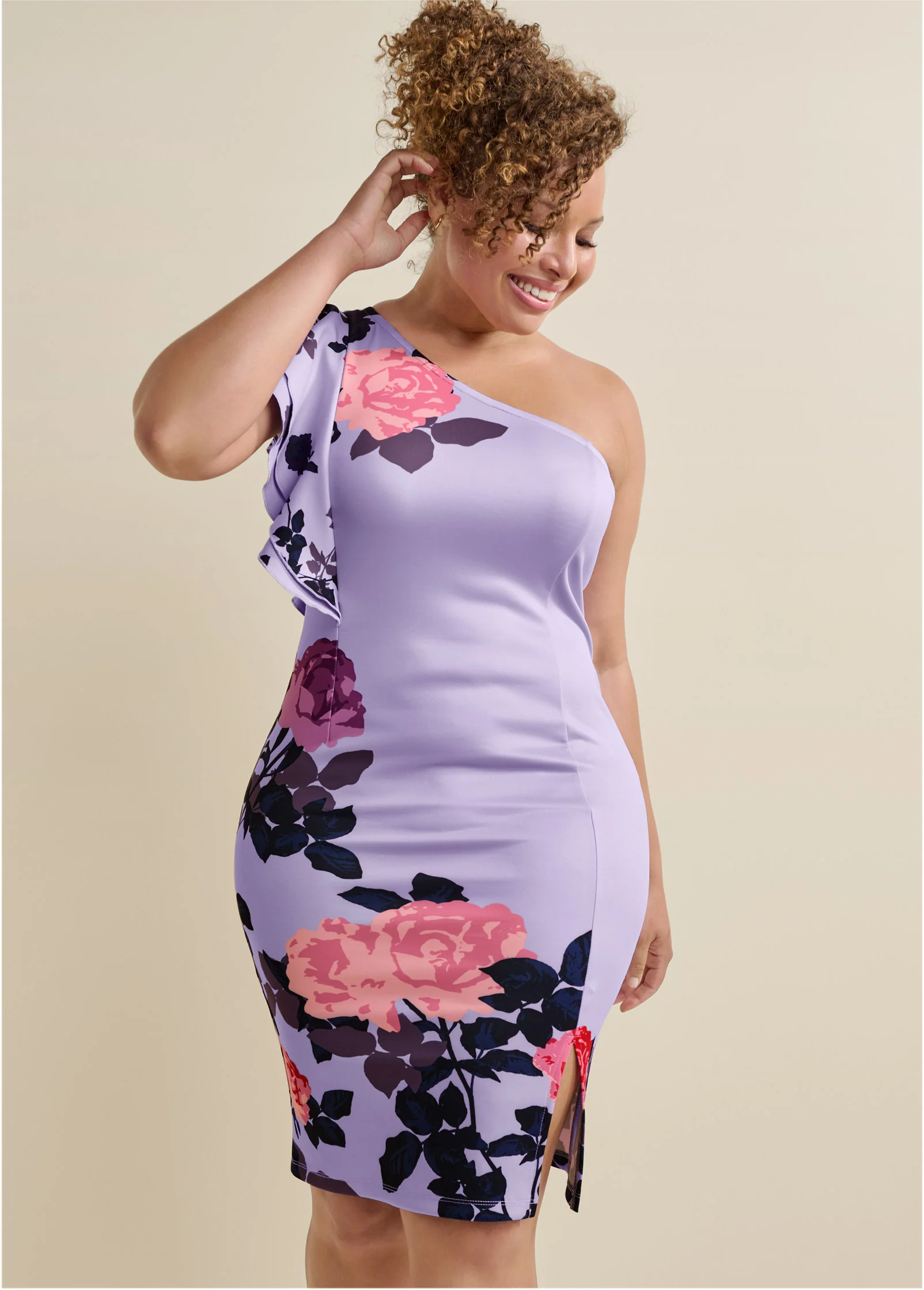 One-shoulder ruffle dress - Purple Multi