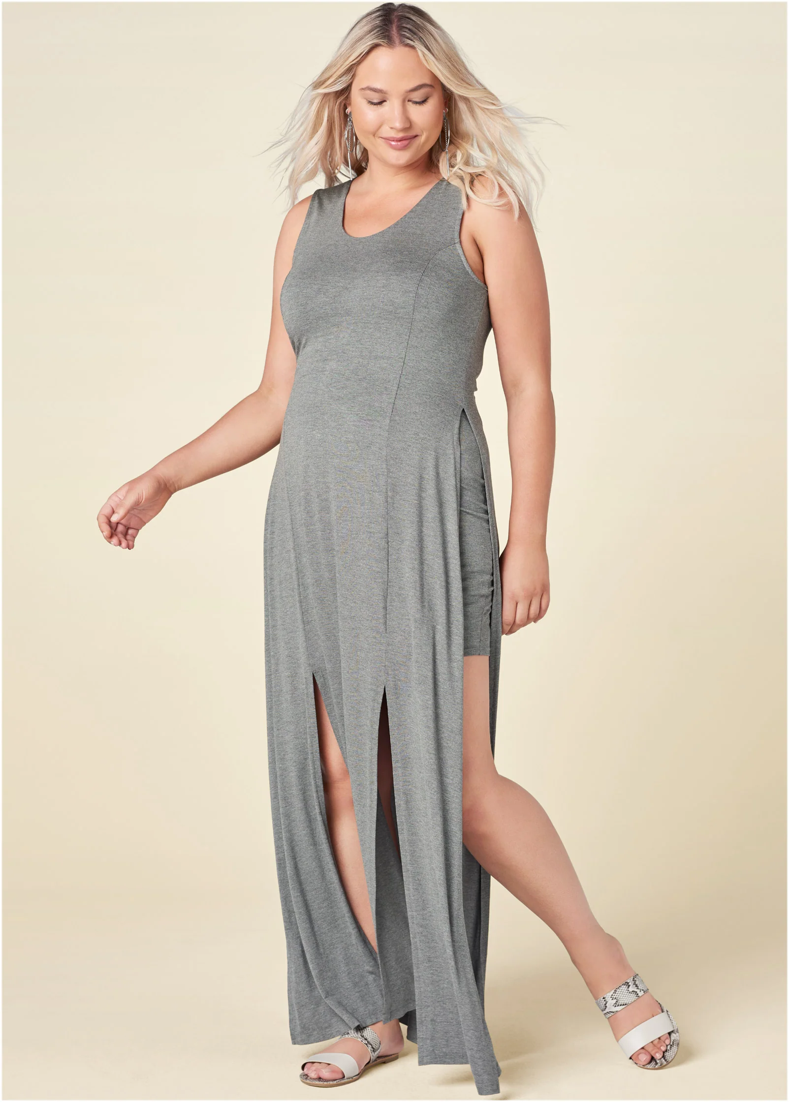 High slit casual maxi dress - Heather Grey