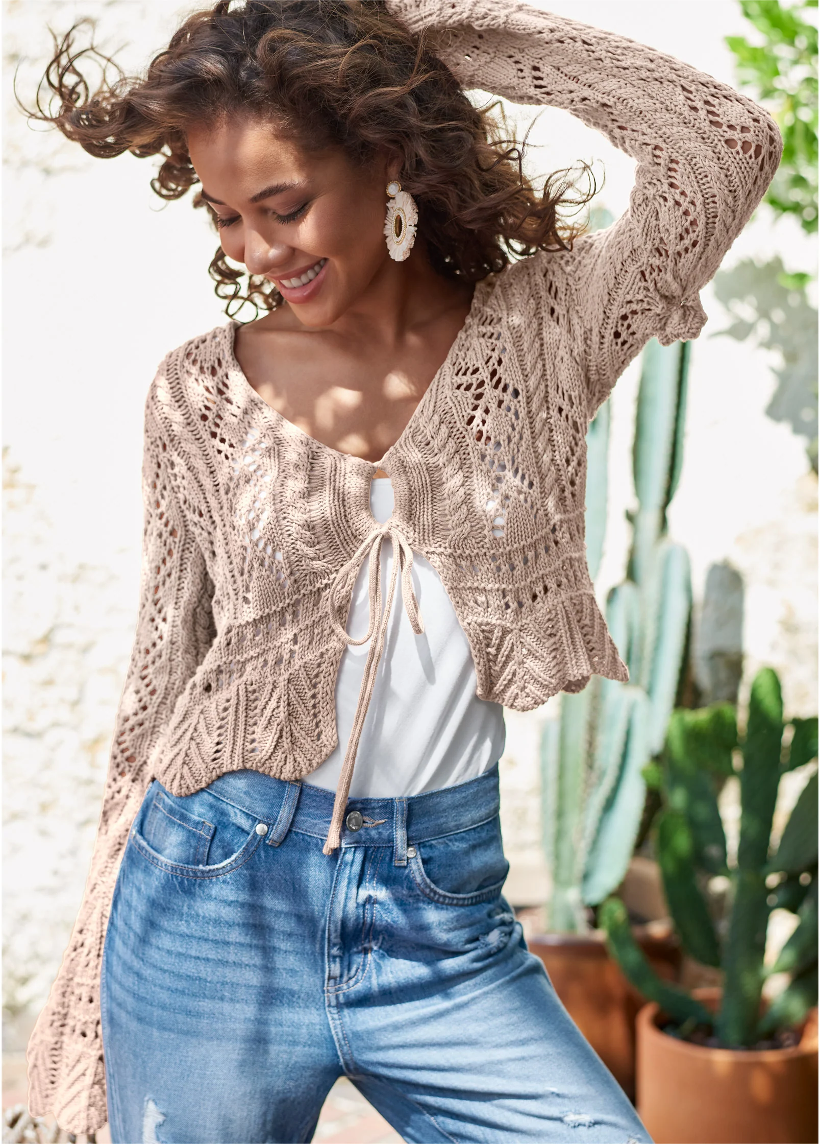 Tie front cropped crochet cardigan - Taupe