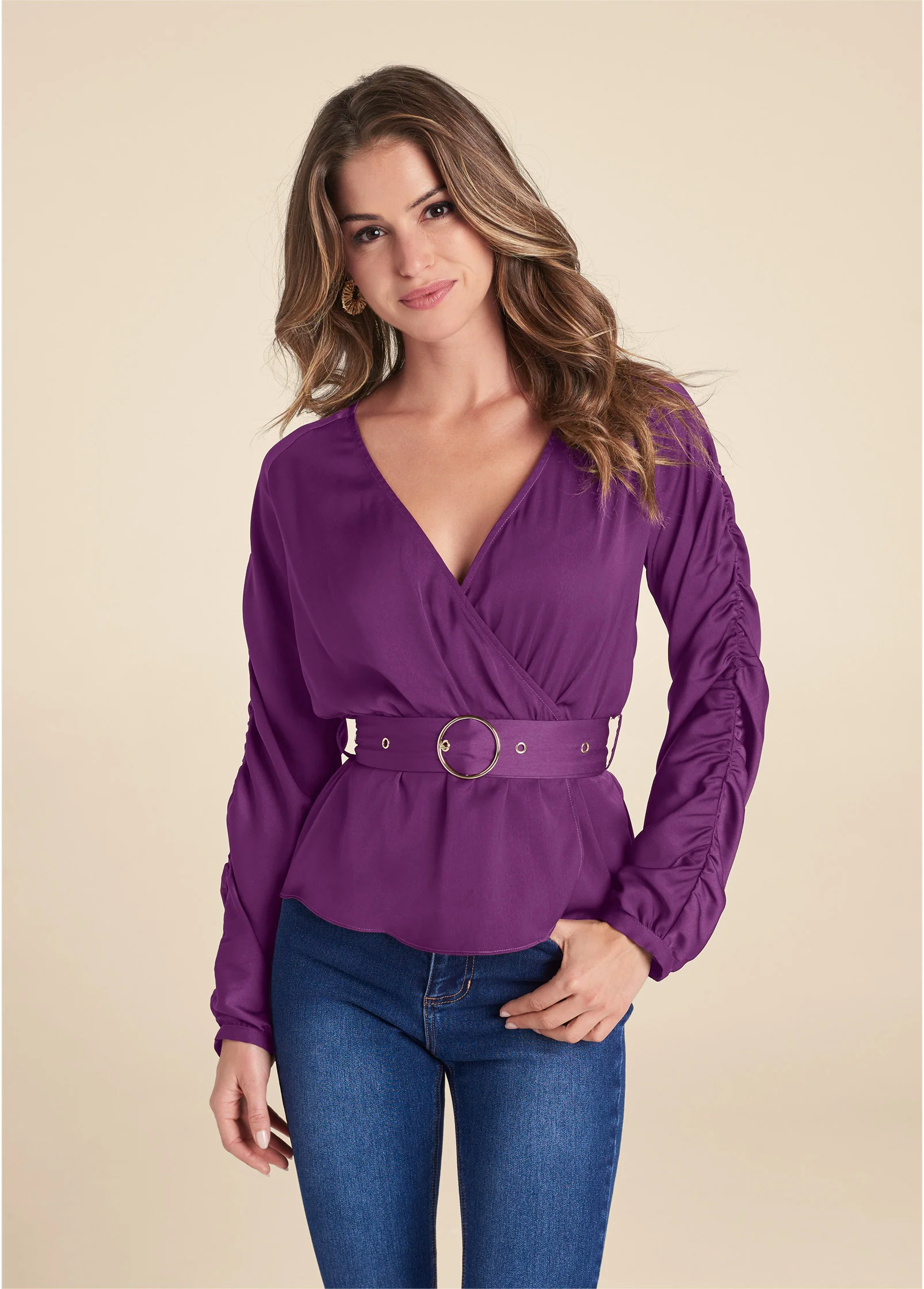 V-neck belted top - Purple