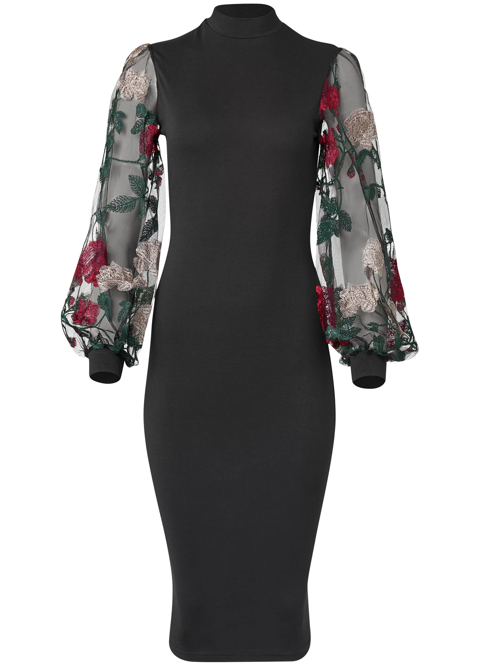 Embroidered floral puff sleeve dress  - Black Multi