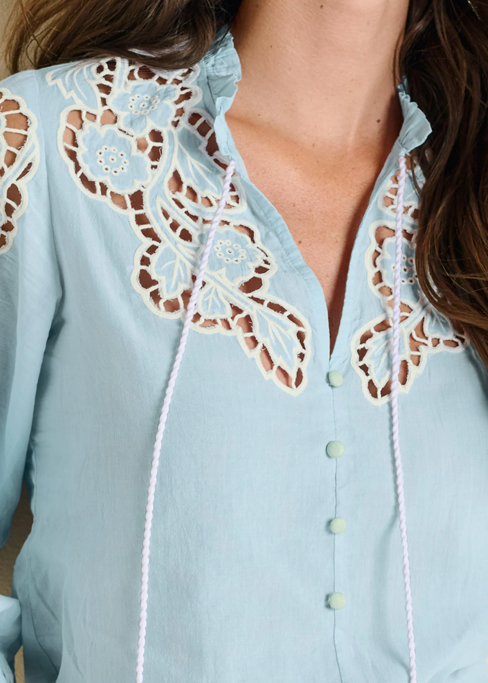 Eyelet smocked hem blouse - Blue & White