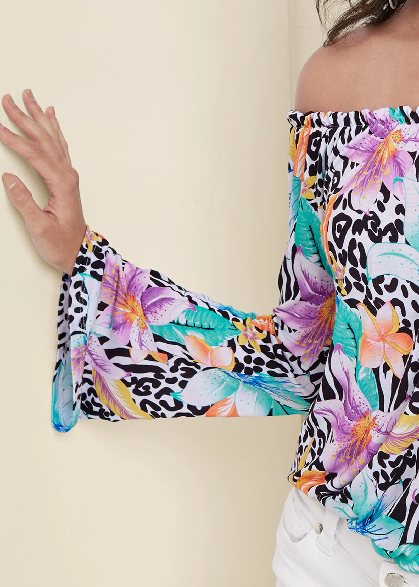 Flare sleeve printed top - White Multi