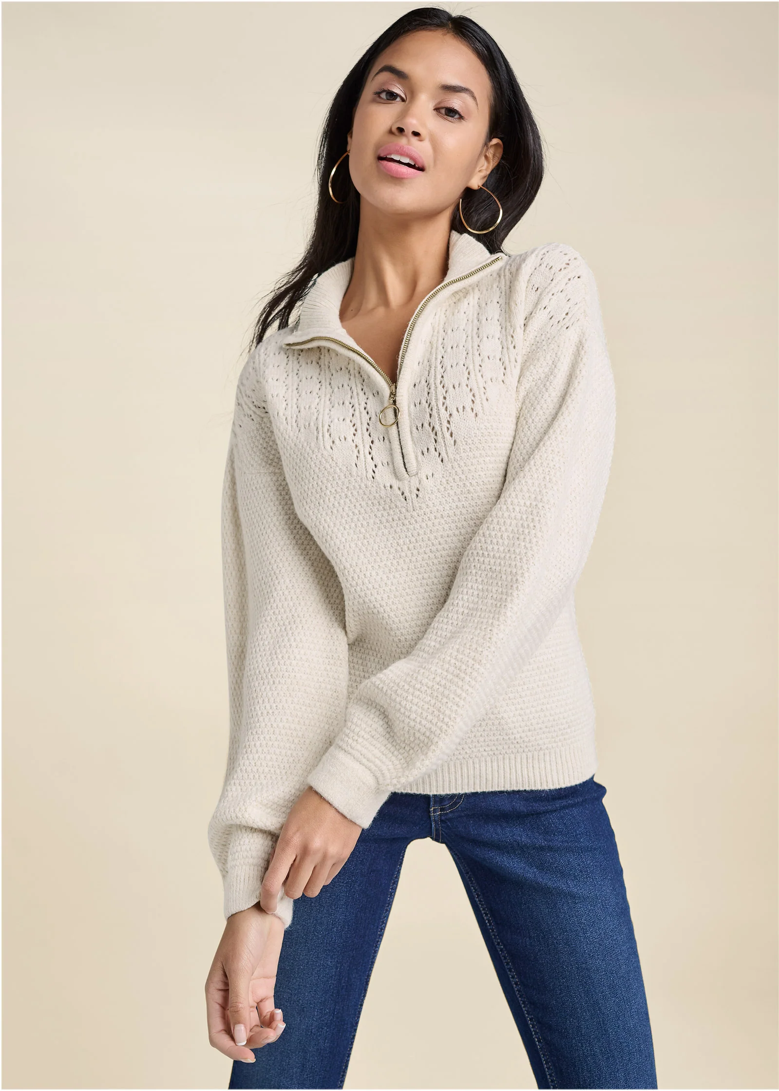 Lace detail quarter-zip sweater - Sand