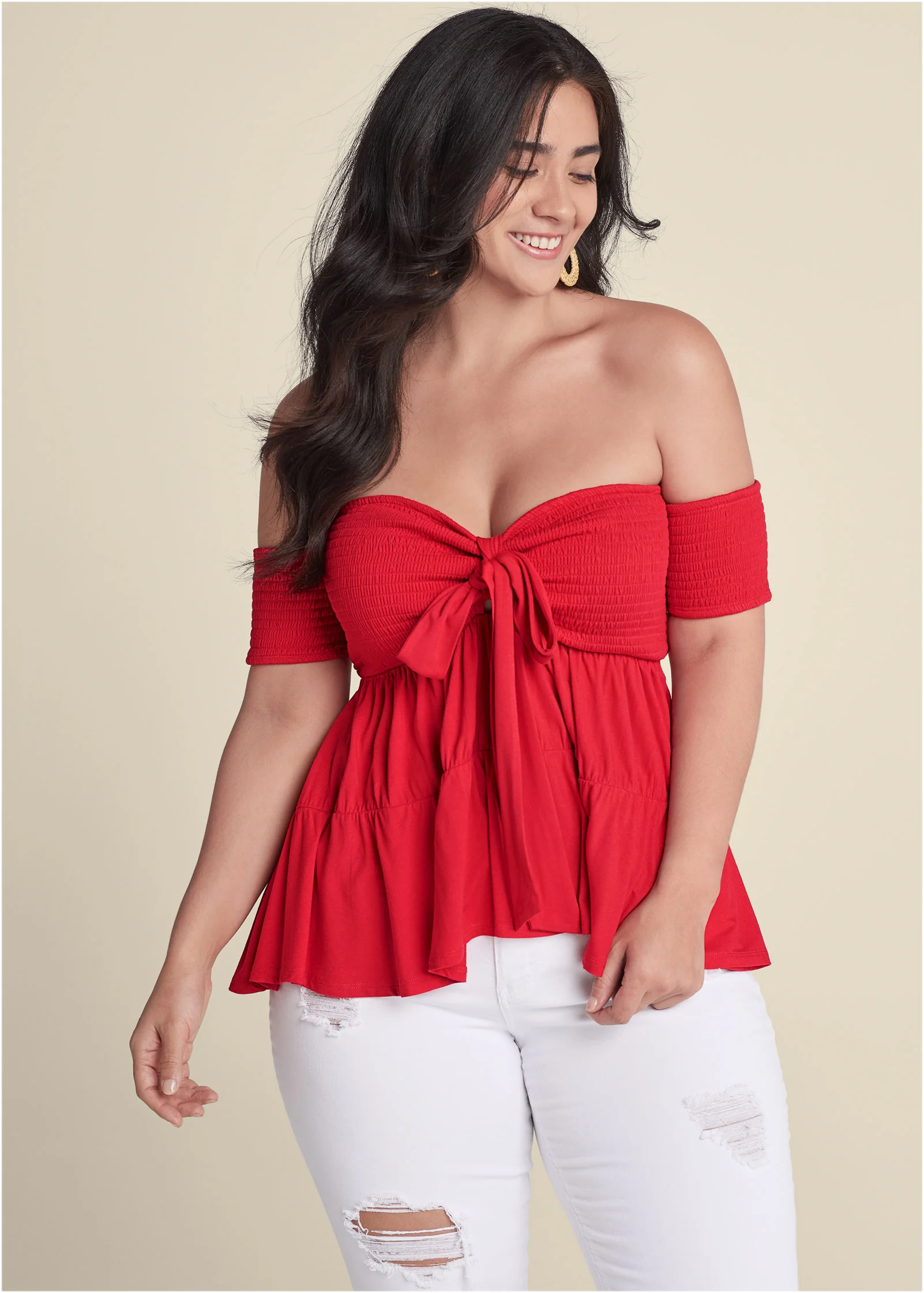 Tie front smocked top - Red