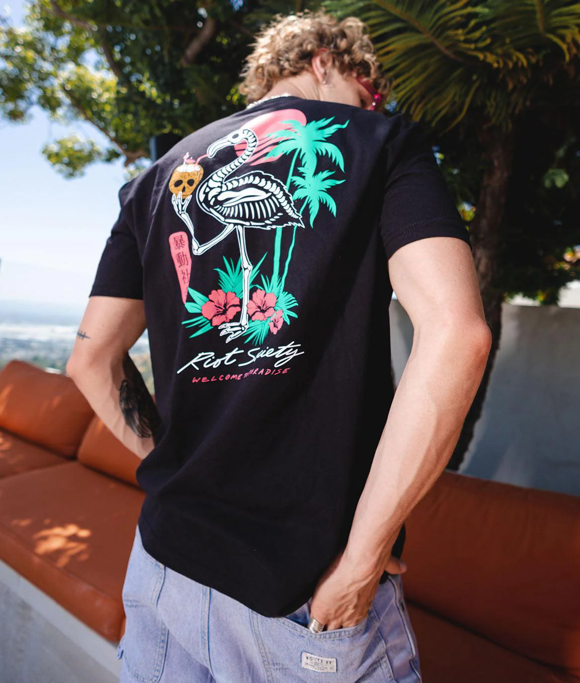 Tropical Skeleton Flamingo Mens T-Shirt