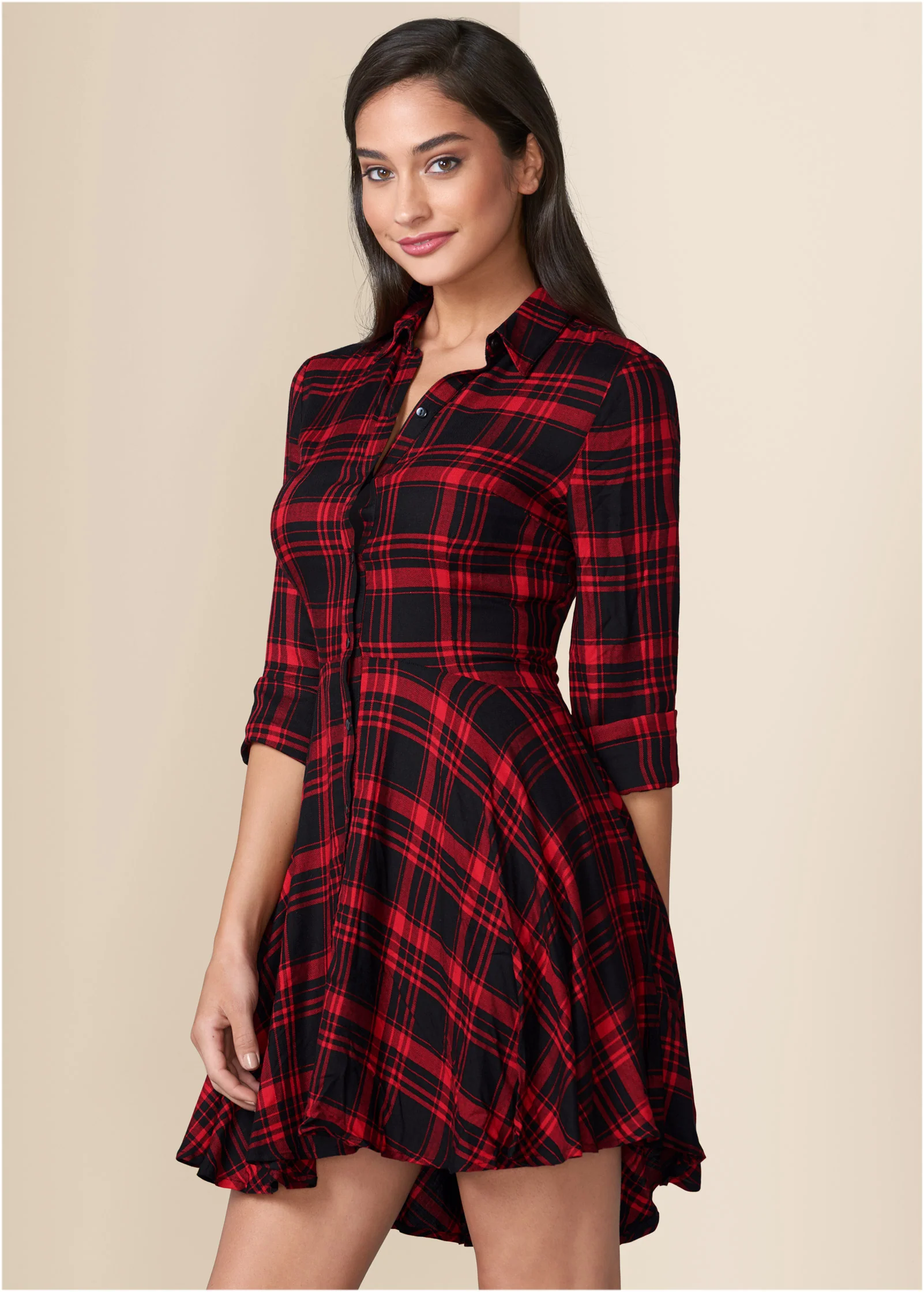 Plaid high low dress - Red Multi
