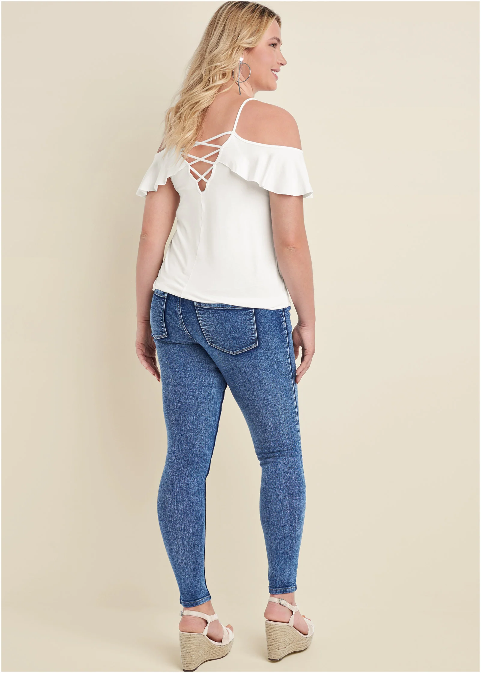 Ruffle cold-shoulder top - White