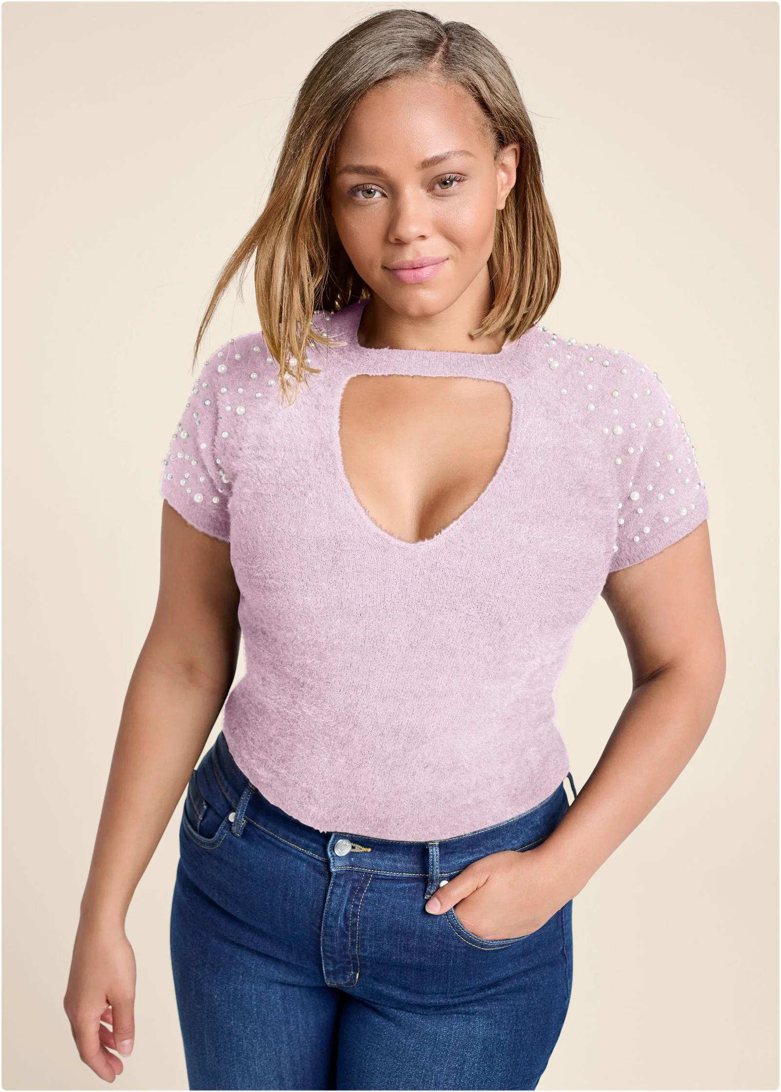 Cozy short sleeve pearl accent sweater - Lilac