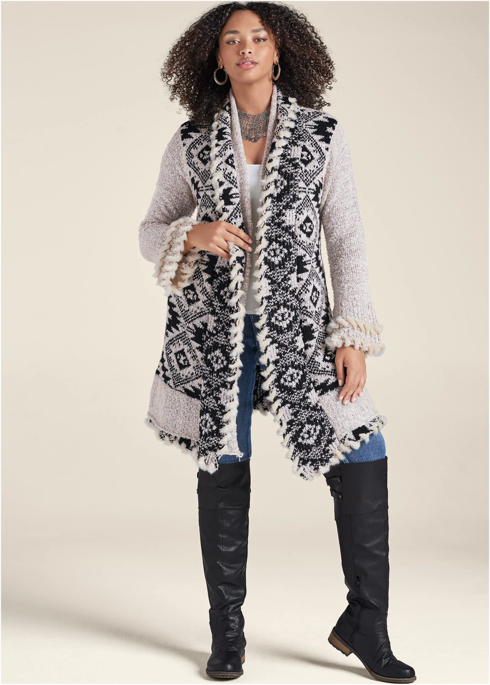Mixed print duster - Cream & Black