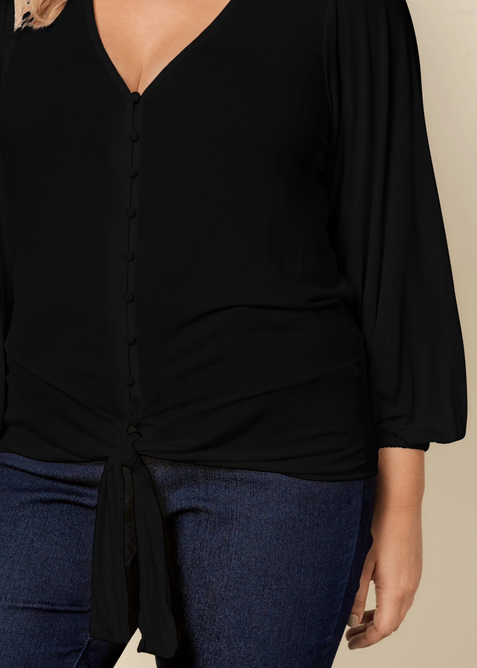 Tie-front button-up top - Black