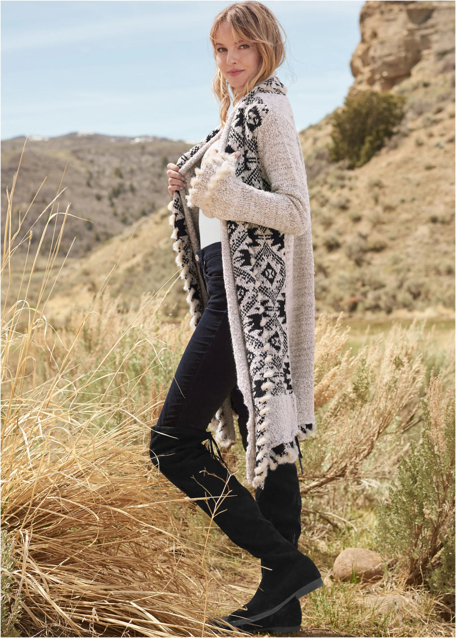 Mixed print duster - Cream & Black