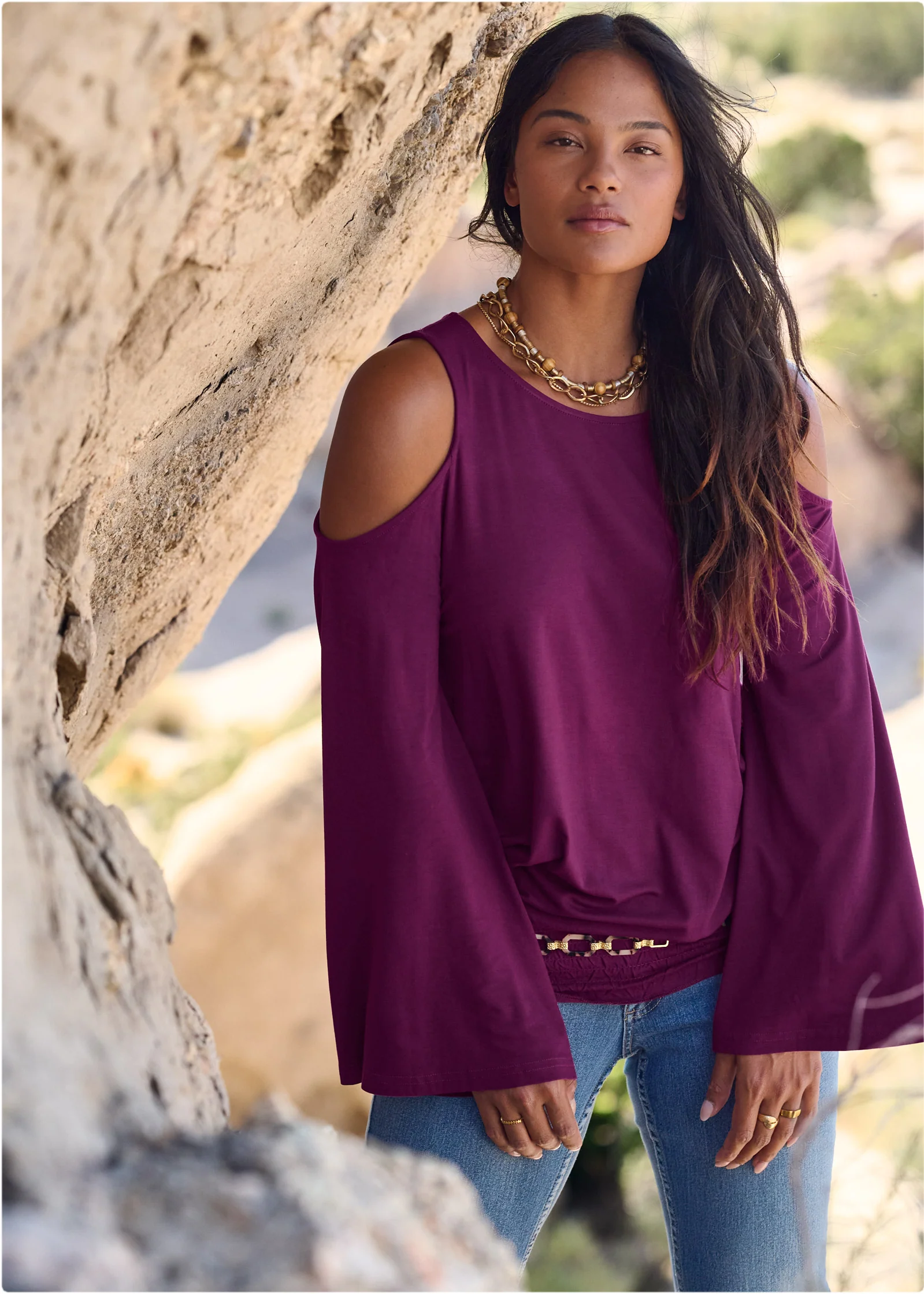 Cold-shoulder blouson top - Dark Purple