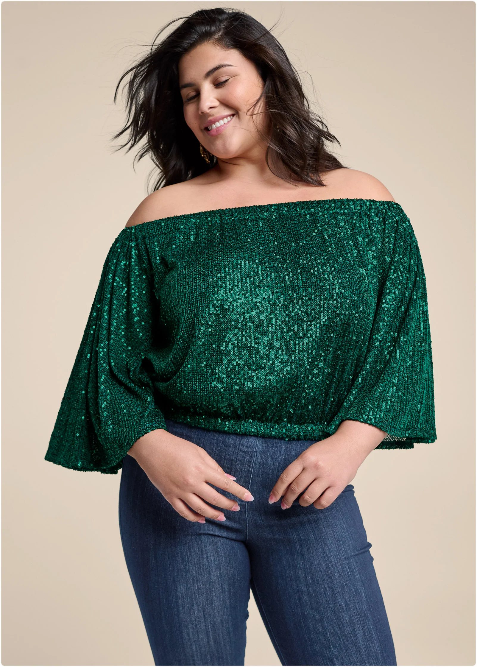 Off-the-shoulder sequin top - Dark Green