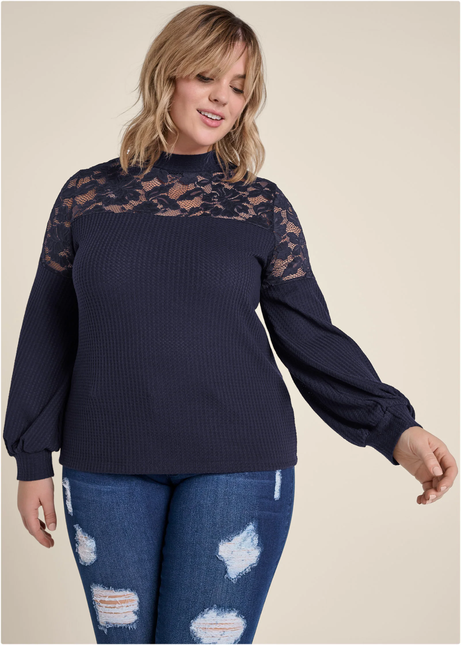 Waffle mock-neck lace top - Navy