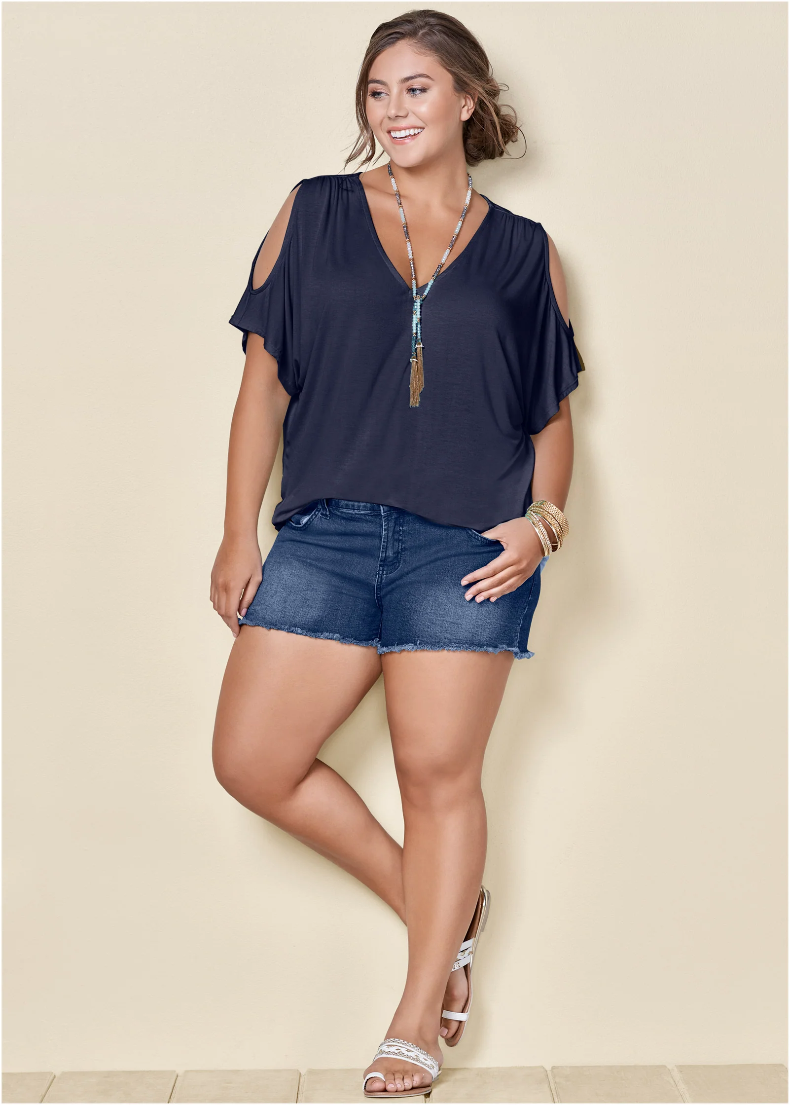 Cold-shoulder V-neck top - Navy