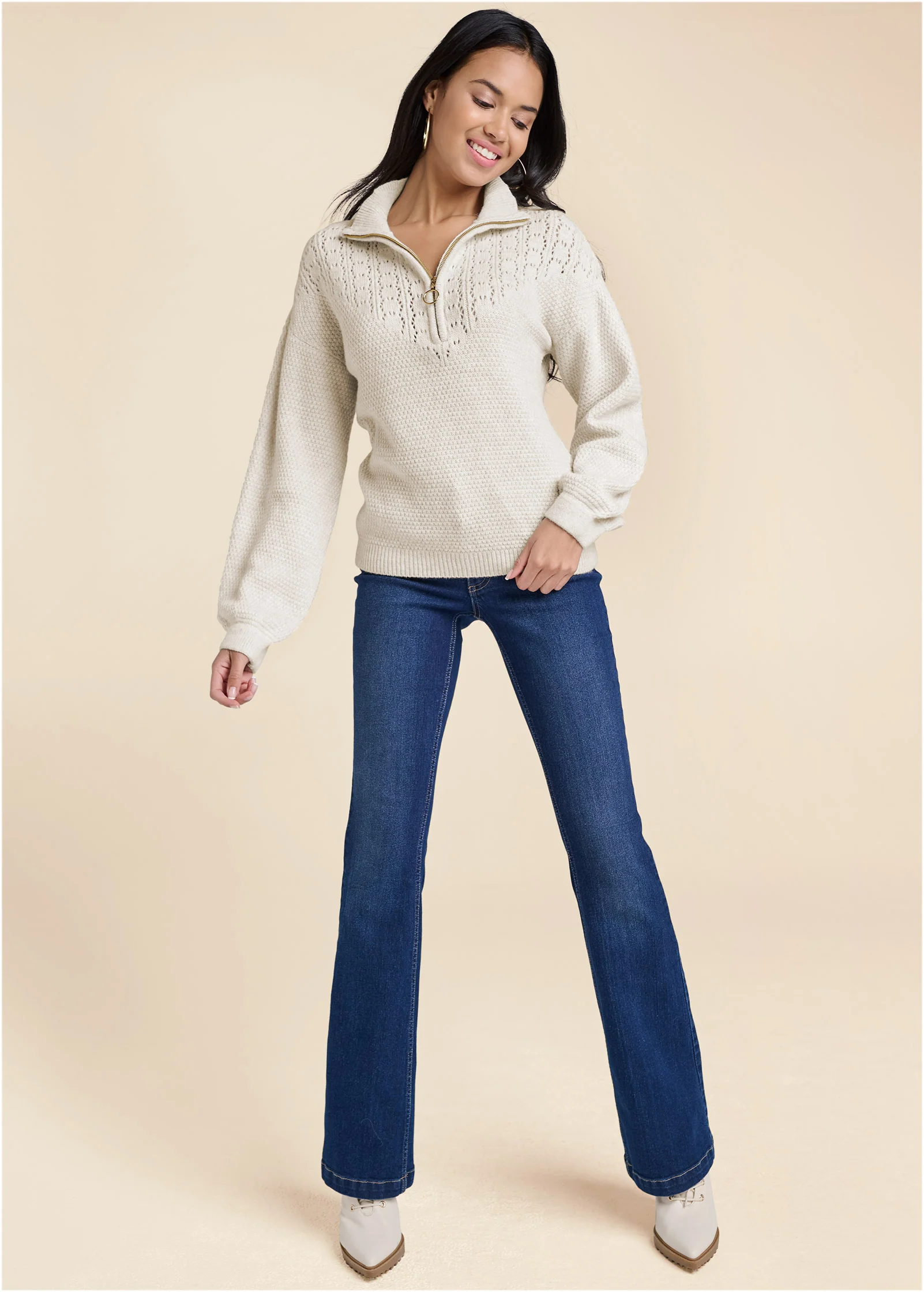 Lace detail quarter-zip sweater - Sand