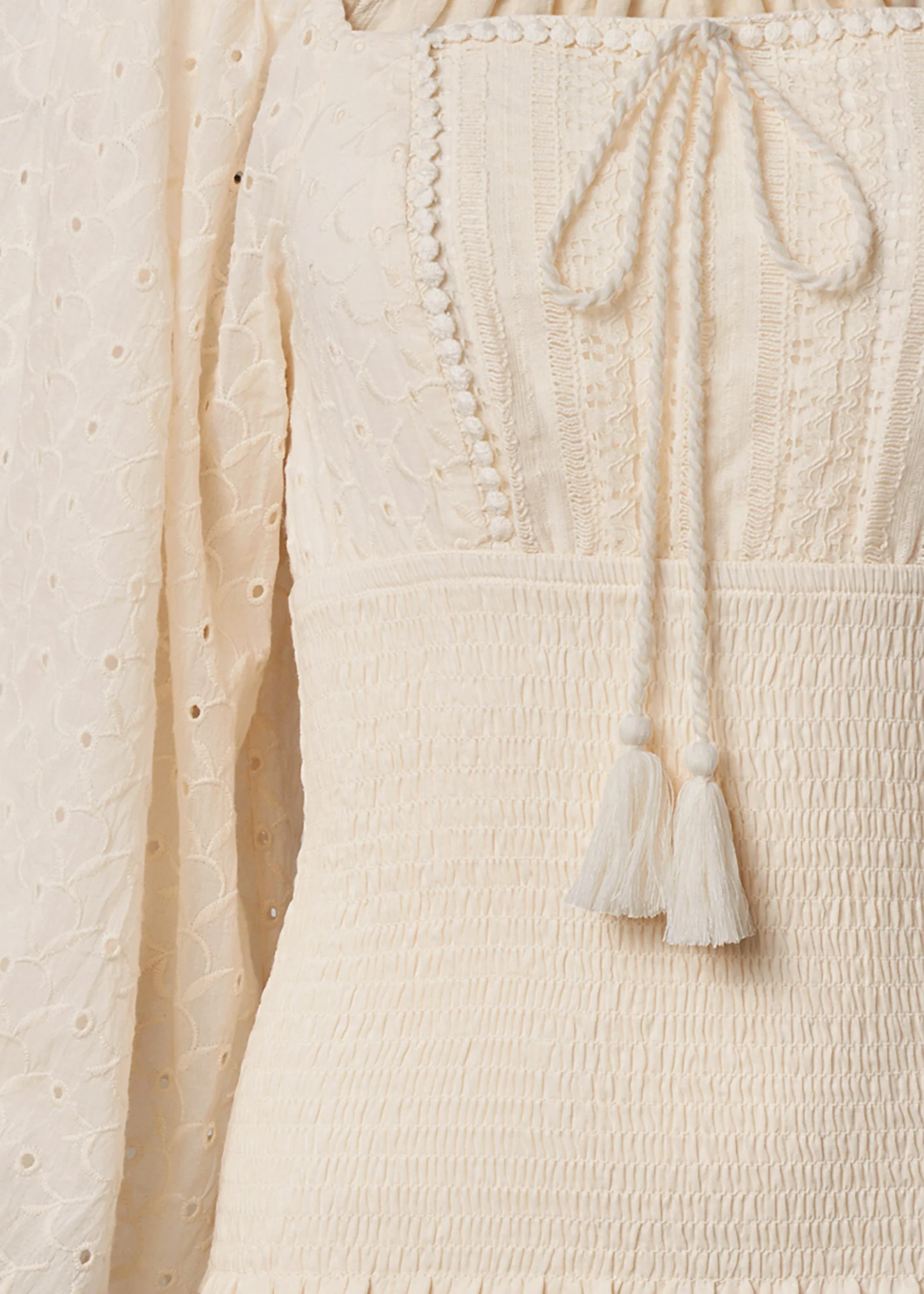 Smocked eyelet tassel top - Beige