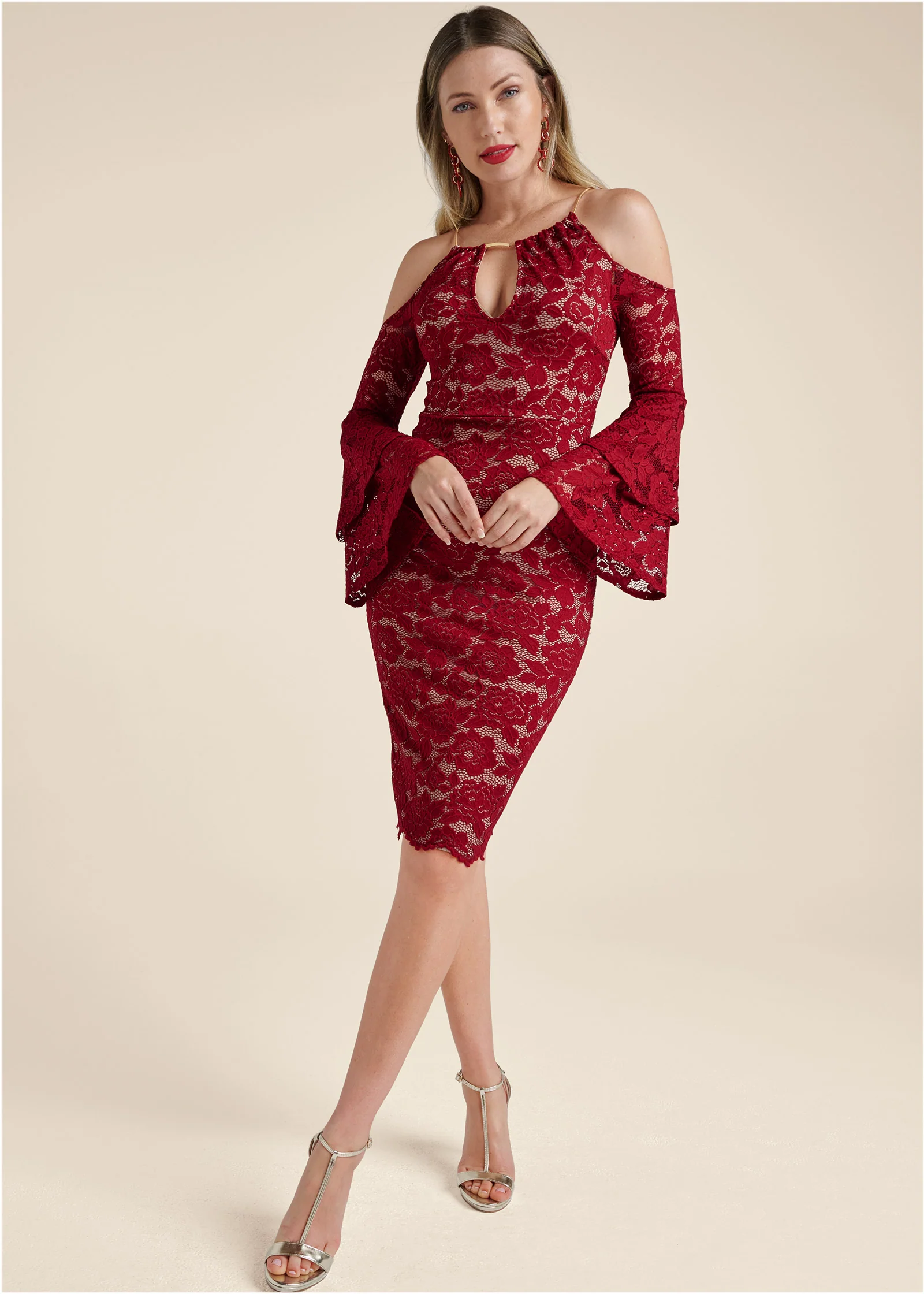 Lace midi dress - Red & Nude