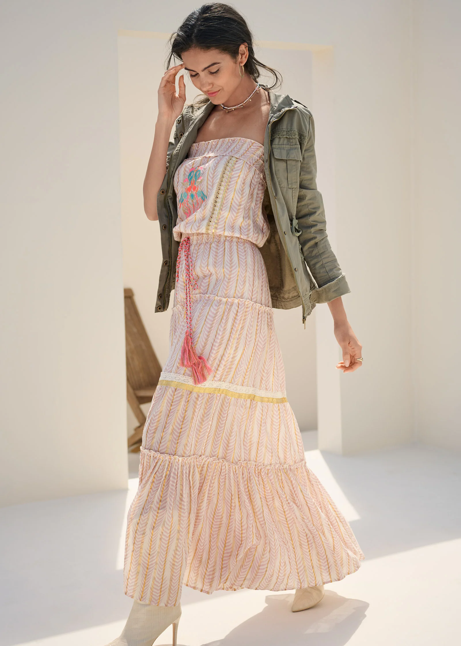 Strapless embroidered maxi dress - Pink Multi