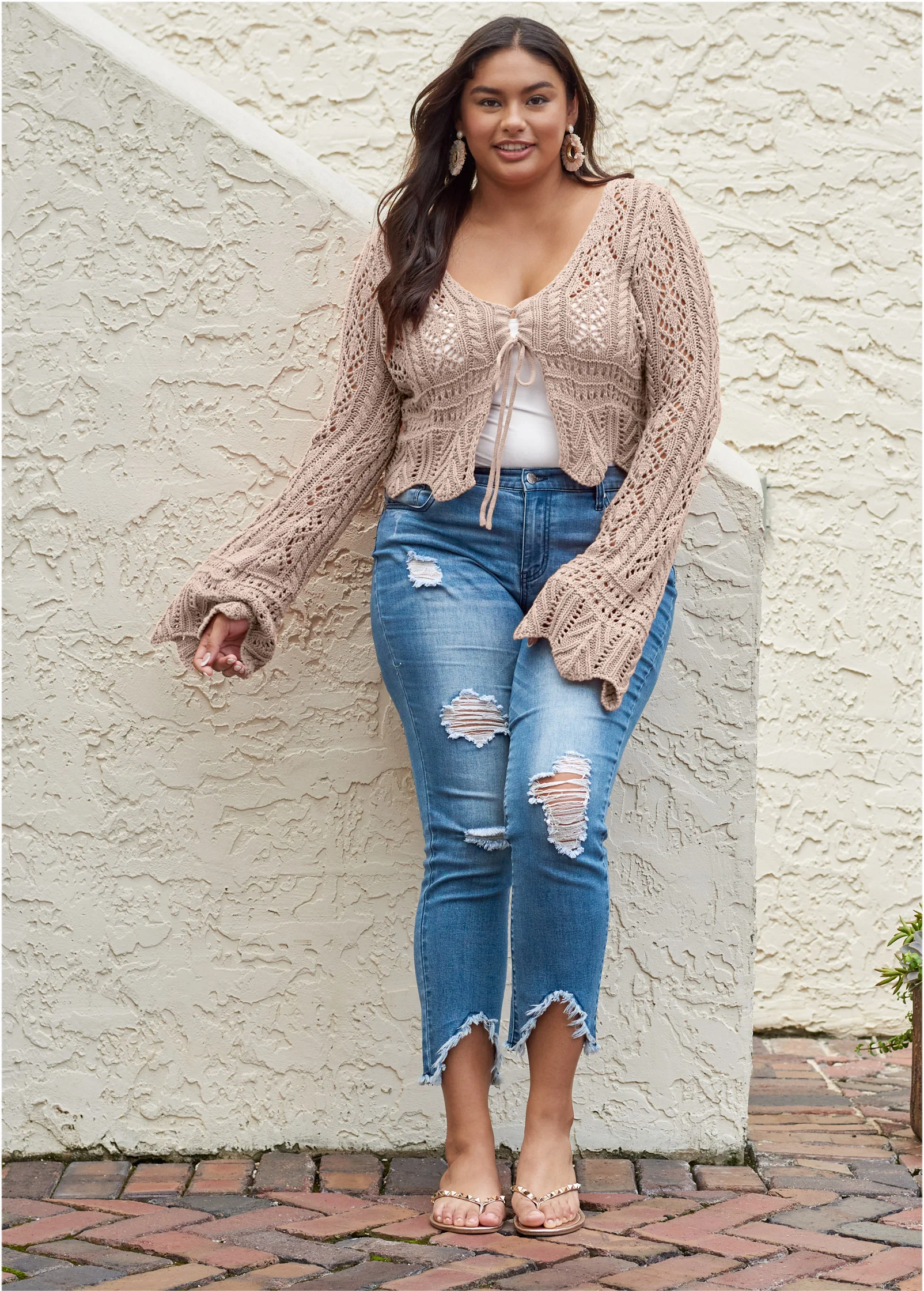 Tie front cropped crochet cardigan - Taupe