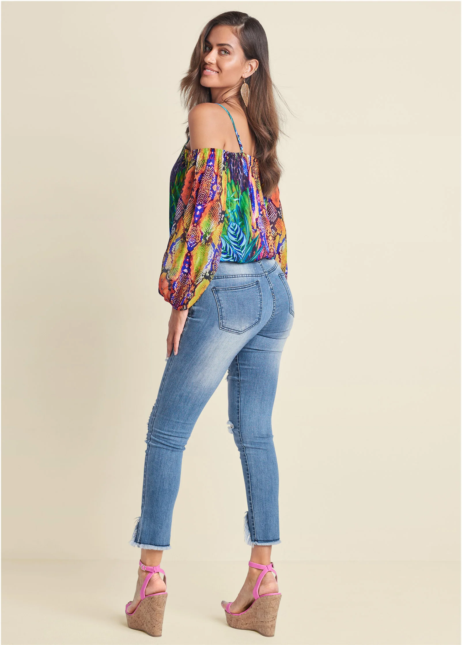 Printed cold-shoulder top - Teal Multi