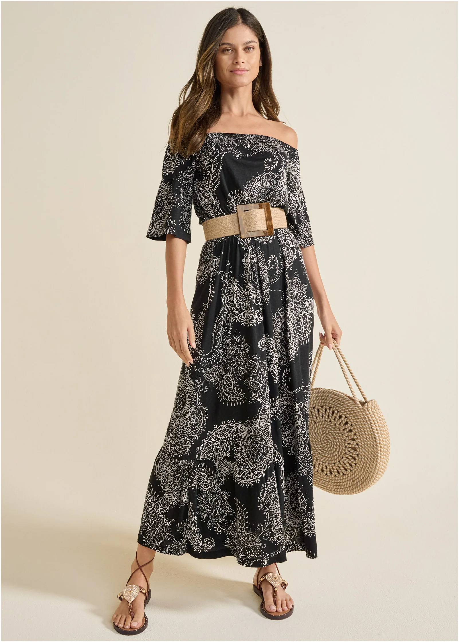 Off-The-Shoulder Maxi Dress - Black Multi