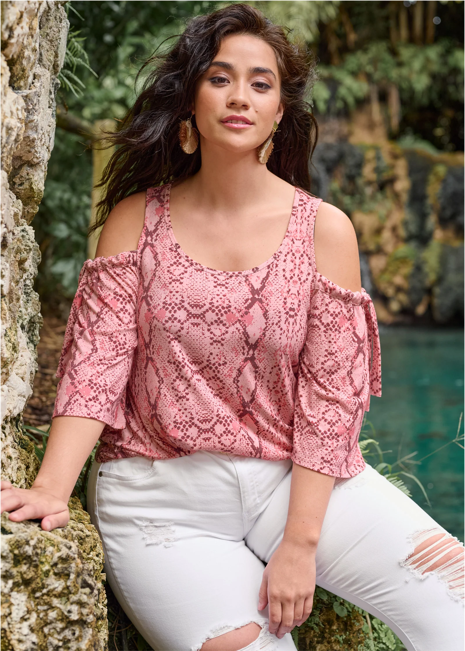 Paradise python cold-shoulder top - Pink Multi