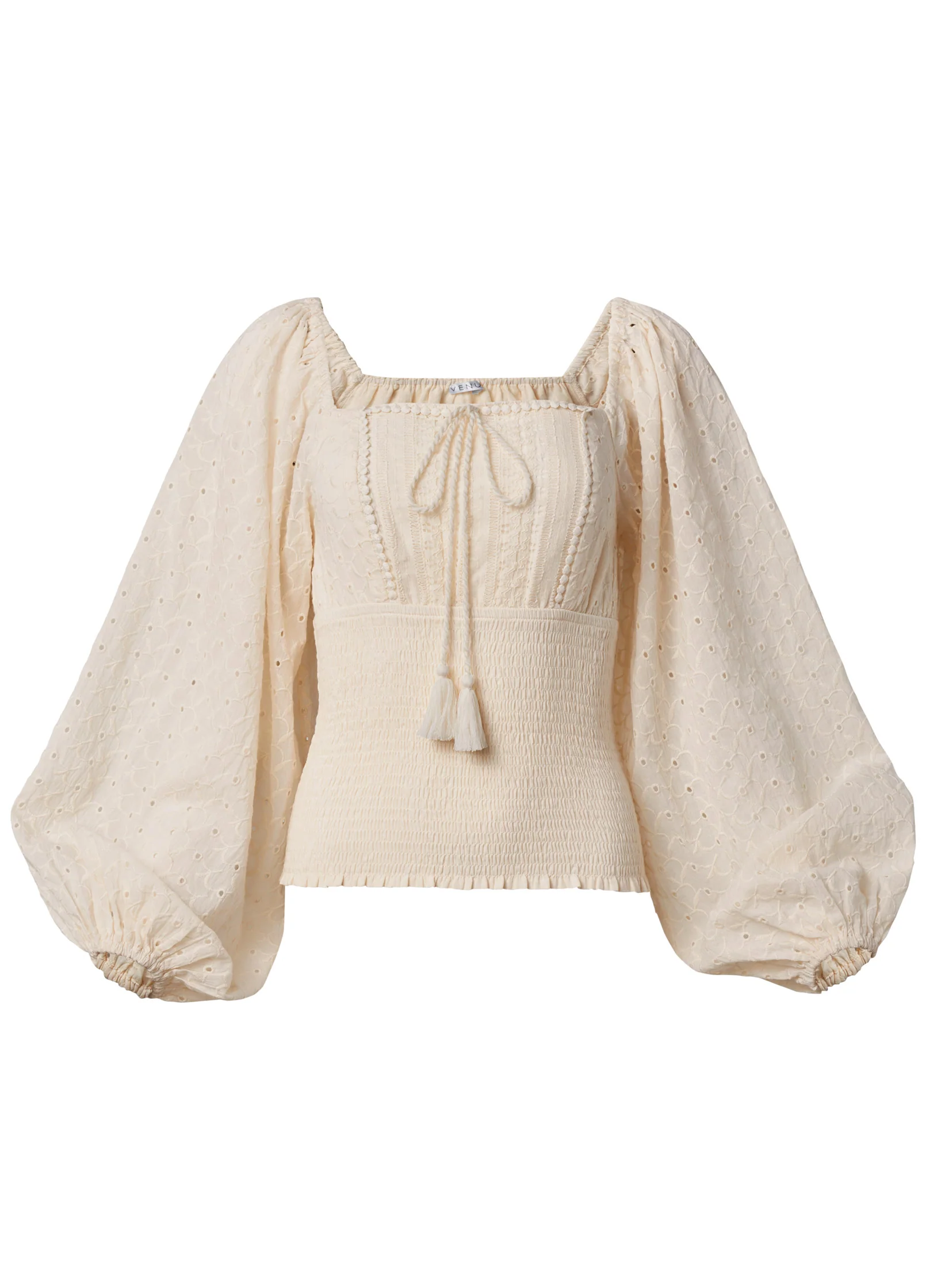 Smocked eyelet tassel top - Beige