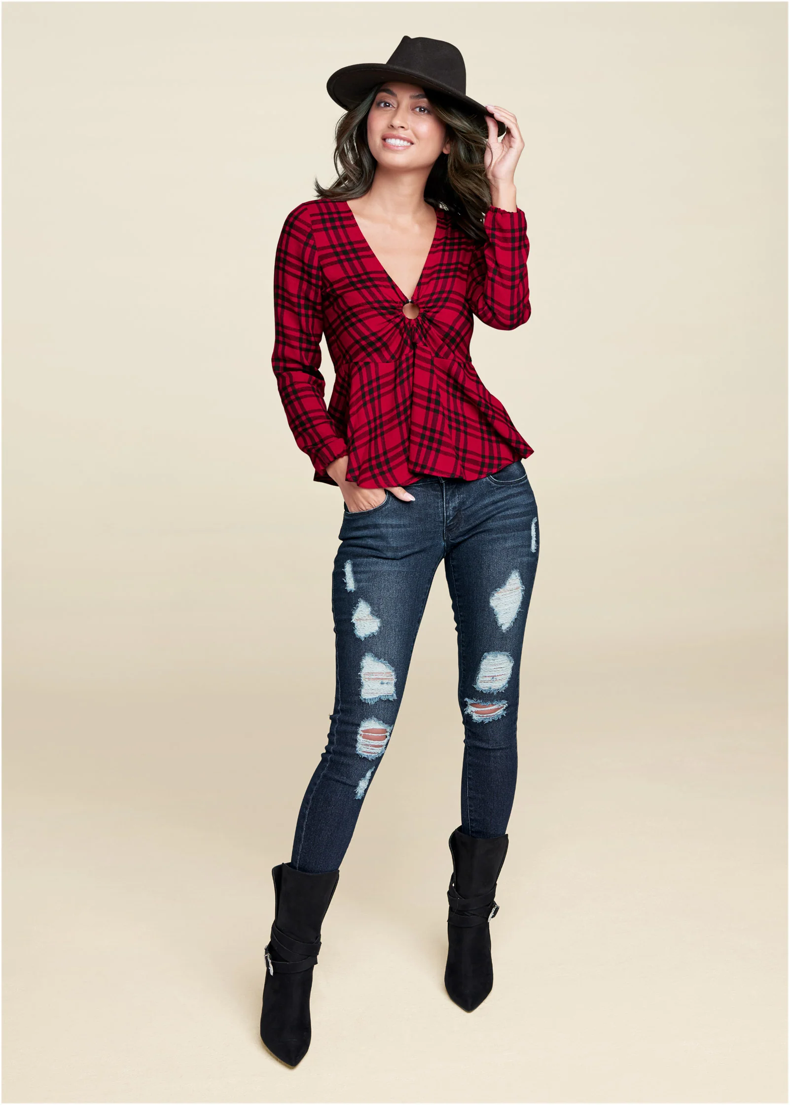 Plaid ring detail top - Red Multi