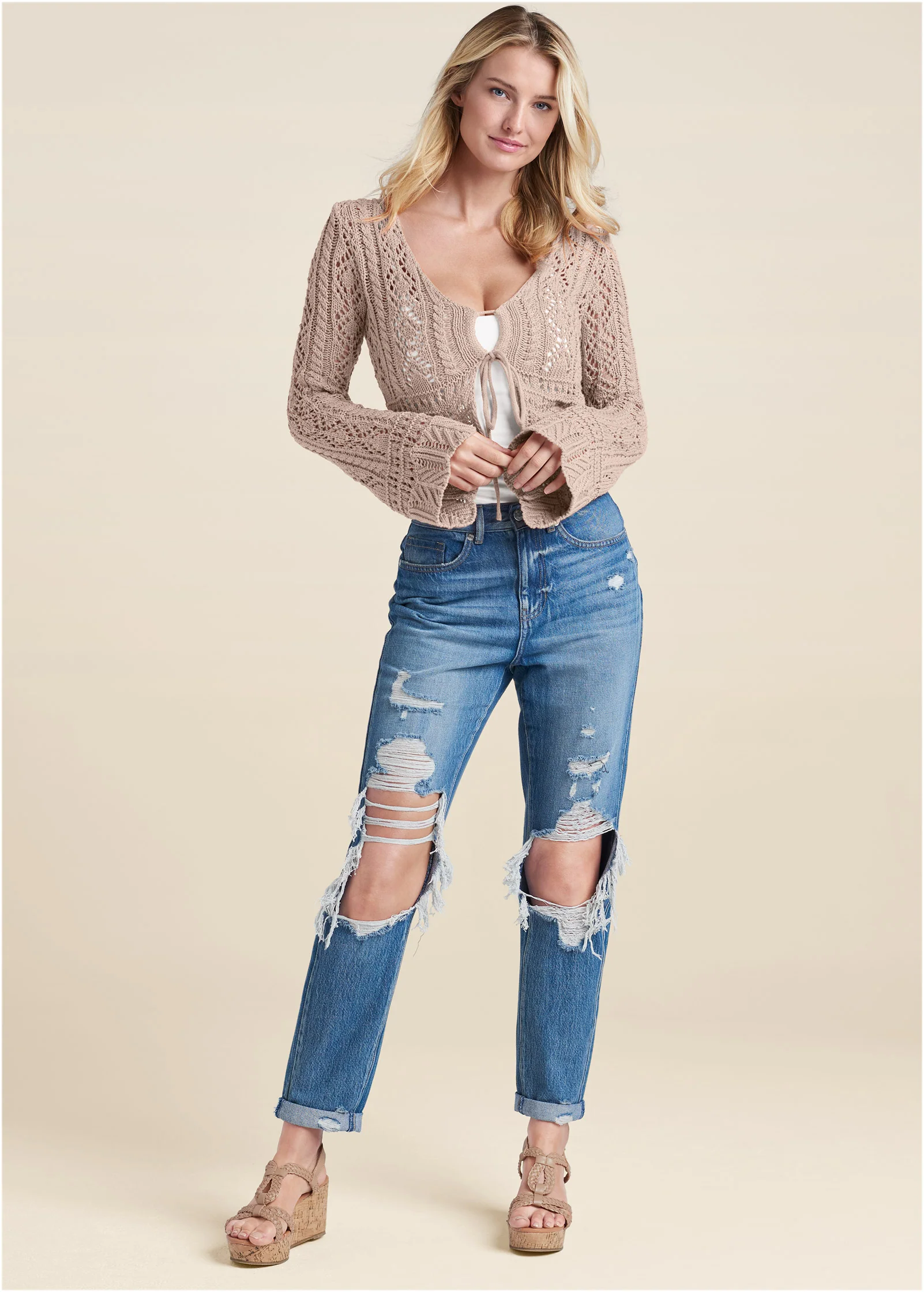 Tie front cropped crochet cardigan - Taupe
