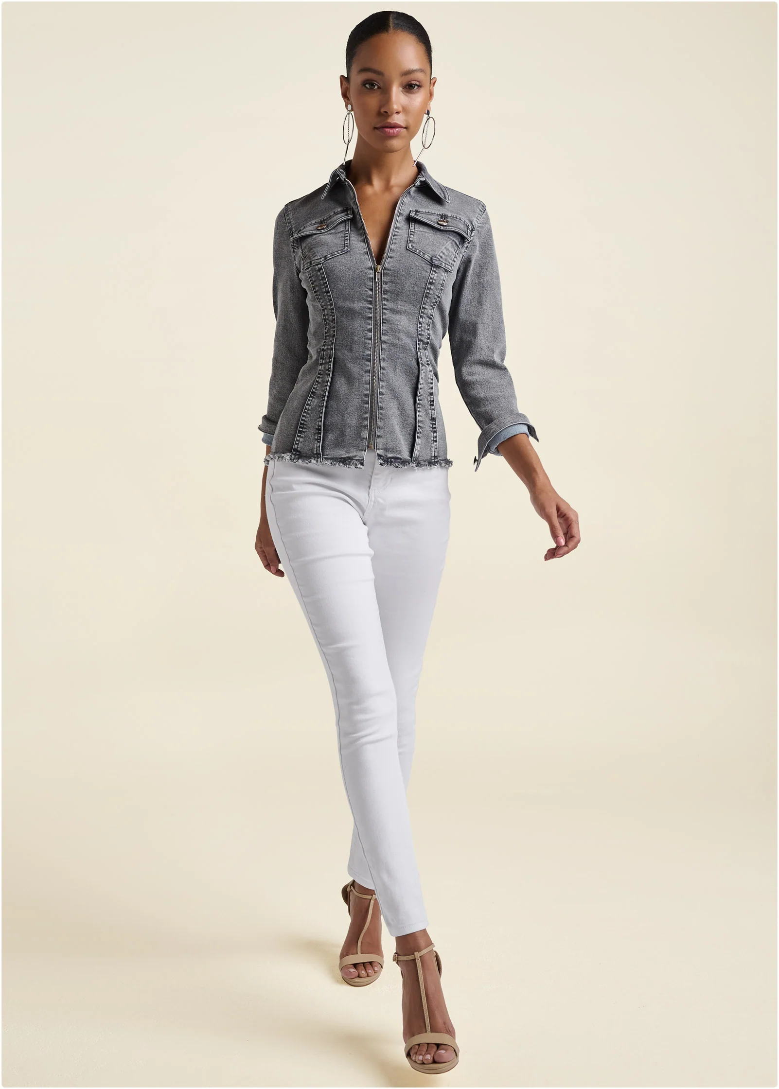Lace-up back denim top - Grey Multi